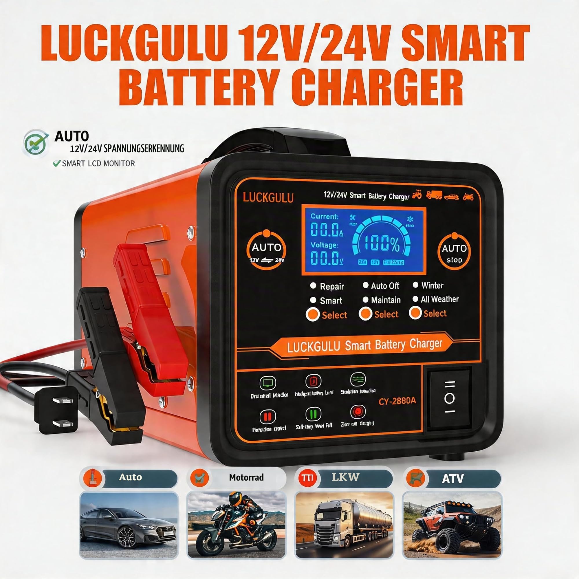 12V/24V Autobatterie Ladegerät 20A Schwerlast-Automatisches Lade- &Wartungsgerät mit Reparatur-Modus,Winterprogramm,Auto-Stopp Schnelllader für Auto,LKW,Motorrad,Wohnmobil,AGM,Deep-Cycle Batterien