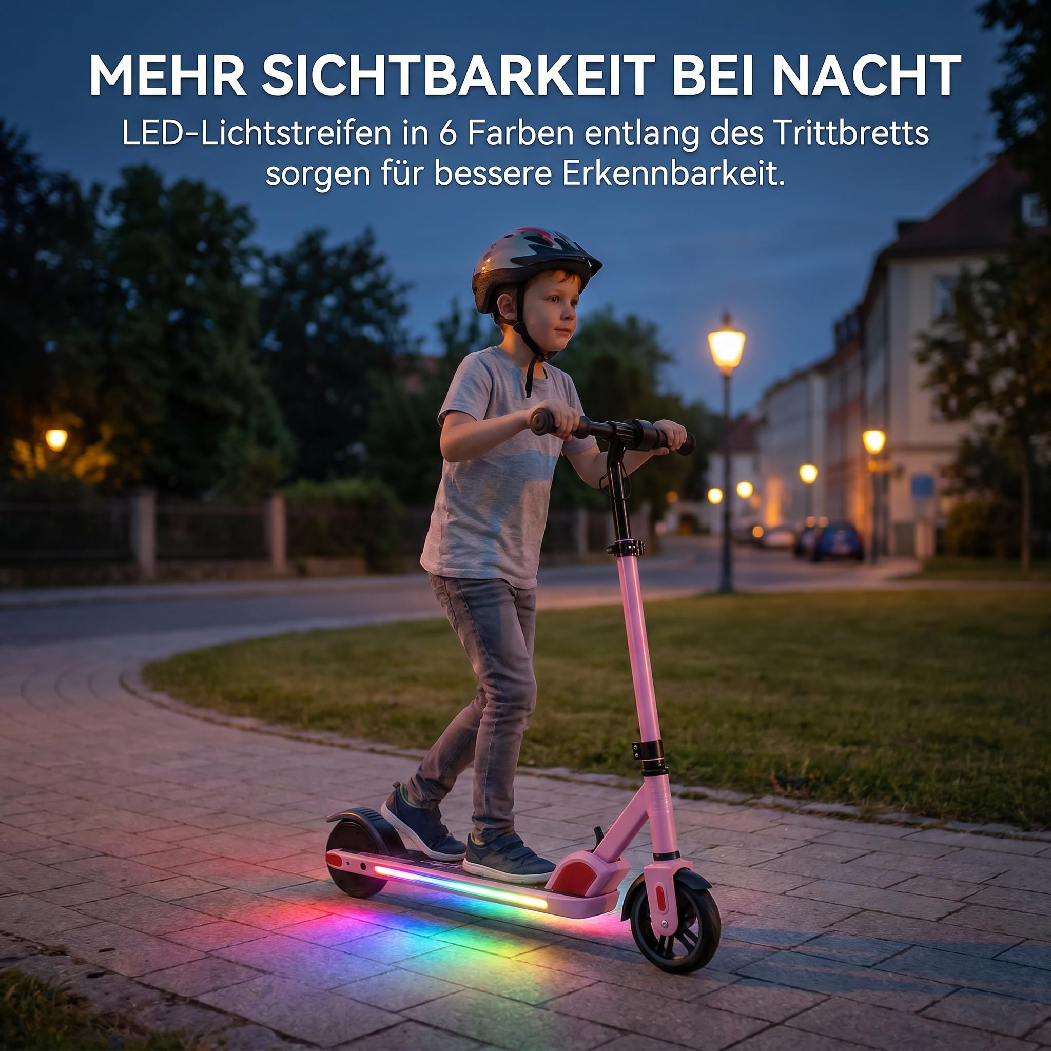 Caroma Patinete eléctrico para niños de 6 a 12 años, Motor de 150 W hasta 16 km/h, Alcance de 12 km, Patinete eléctrico Plegable con Luces Coloridas y Pantalla LED, Velocidad y Altura Ajustables