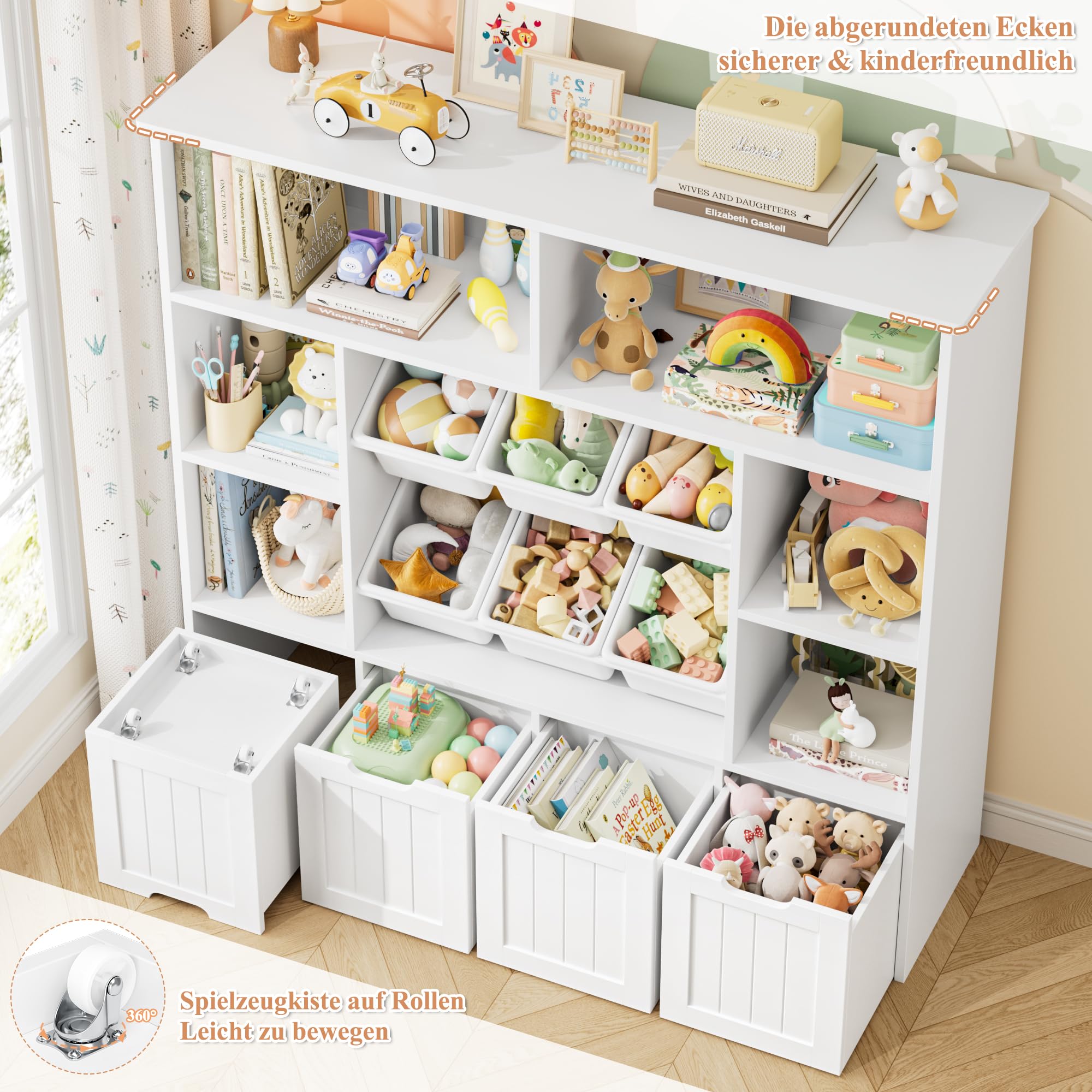FOREHILL Kinderregal mit 4 Boxen auf Rollen, Kinderzimmer Möbel Kinderbücherregal Spielzeugregl Aufbewahrungregal Bücherregal für Kinder Kinderschrank mit 4 Ebenen & 6 Kunststoffbox Weiß 125x33x121cm