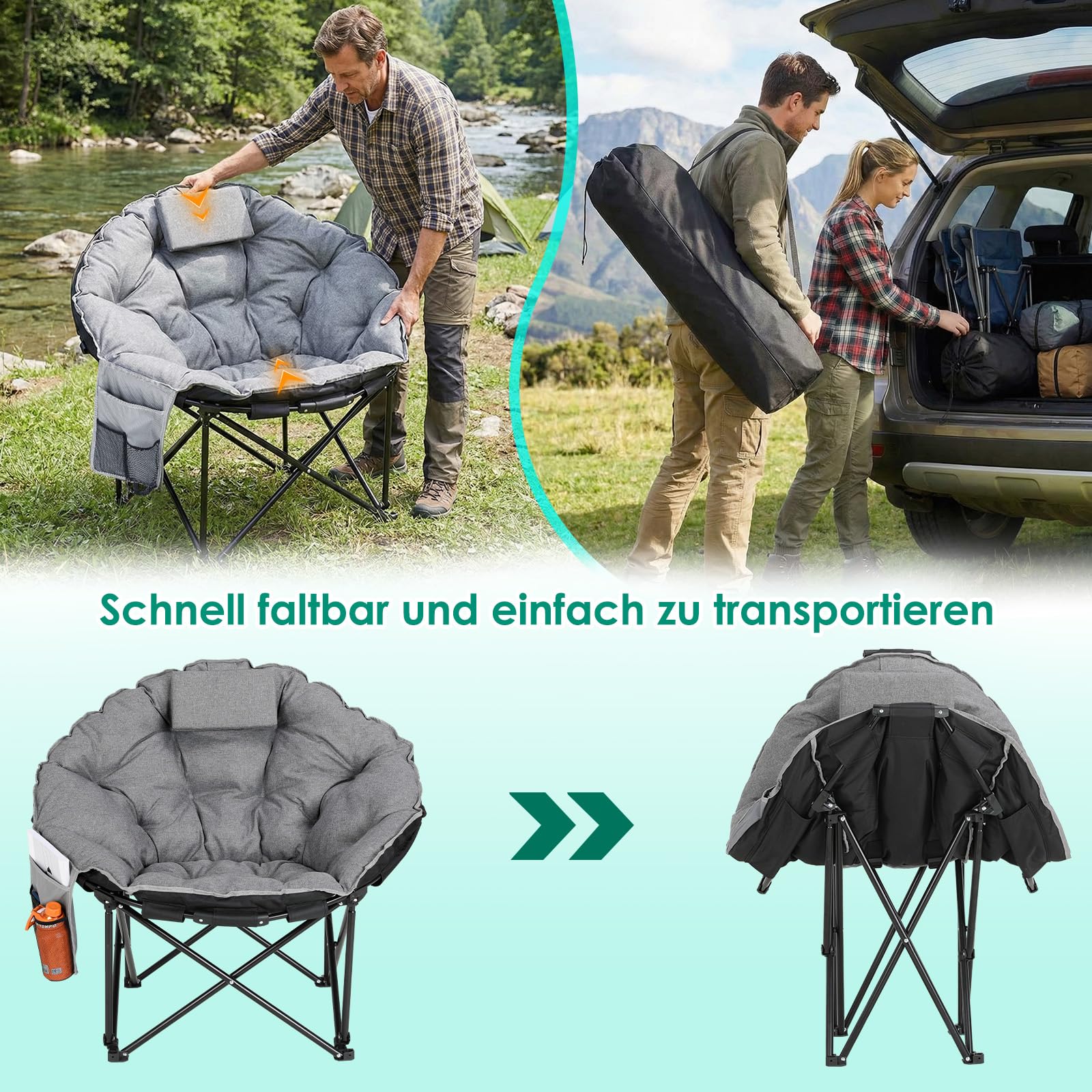 LIFERUN Moonchair Luxus 150KG, Campingsessel rund,Faltstuhl Camping Outdoor | Campingstuhl Faltbar mit Dick Gepolstert, Lagerungstasche, AntiRutsch-Füße, Seitentasche, für Garten, Angeln, Strand, Grau