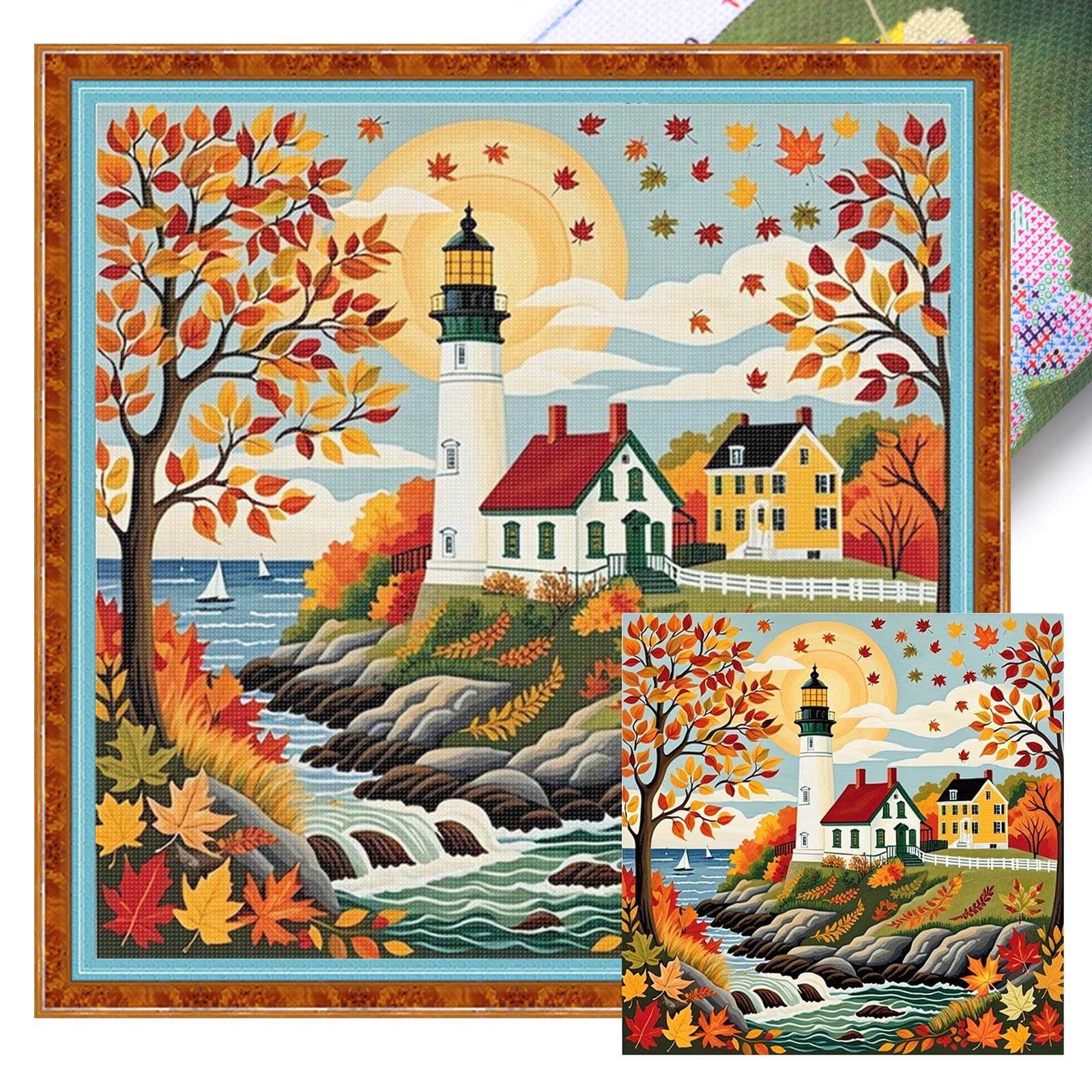 Poetrydraw Autumn Lighthouse Full 11Ct Diy Stamped Cross Stitch Kits 45X45cm Home Decor (Autumn Lighthouse)