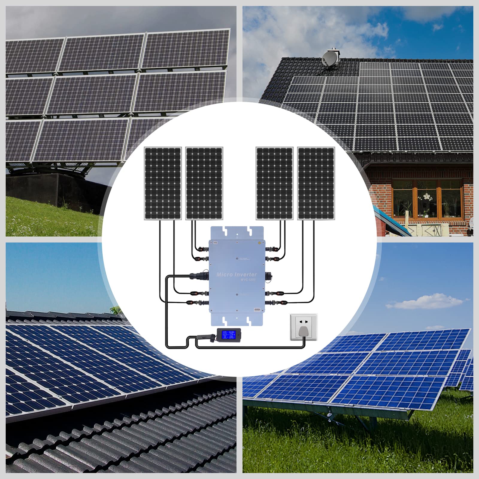 Invertitore solare intelligente da 2,88 kg, micro inverter solare da 1200 W, con display LCD IP65, protezione dall'acqua, inverter solare per moduli da 36 V, collegamento di rete nell'alloggiamento in