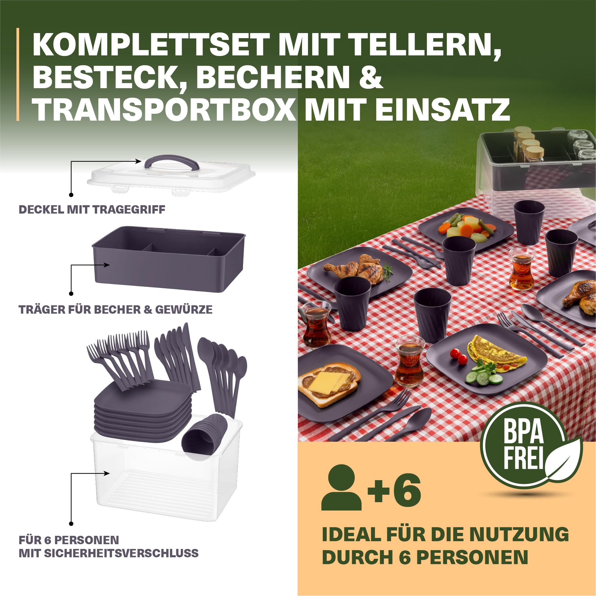 Viwares Picknick Geschirrset für 6 Personen – 33-teiliges Camping Set aus robustem Kunststoff – mit Tellern, Bechern, Besteck & Einsatz – BPA-freie Transportbox mit Tragegriff – Outdoor Picknickbox