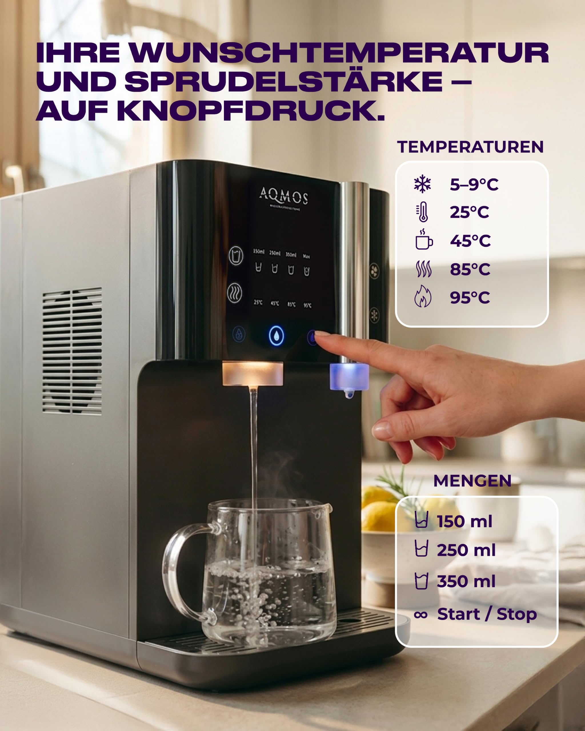 Dispensador de Agua Aqmos Drinking Negro – Sistema Premium Todo en uno con Agua con Gas y sin Gas, Caliente y fría (5–95 °C), ósmosis inversa integrada, Control táctil, para Cocina y Oficina