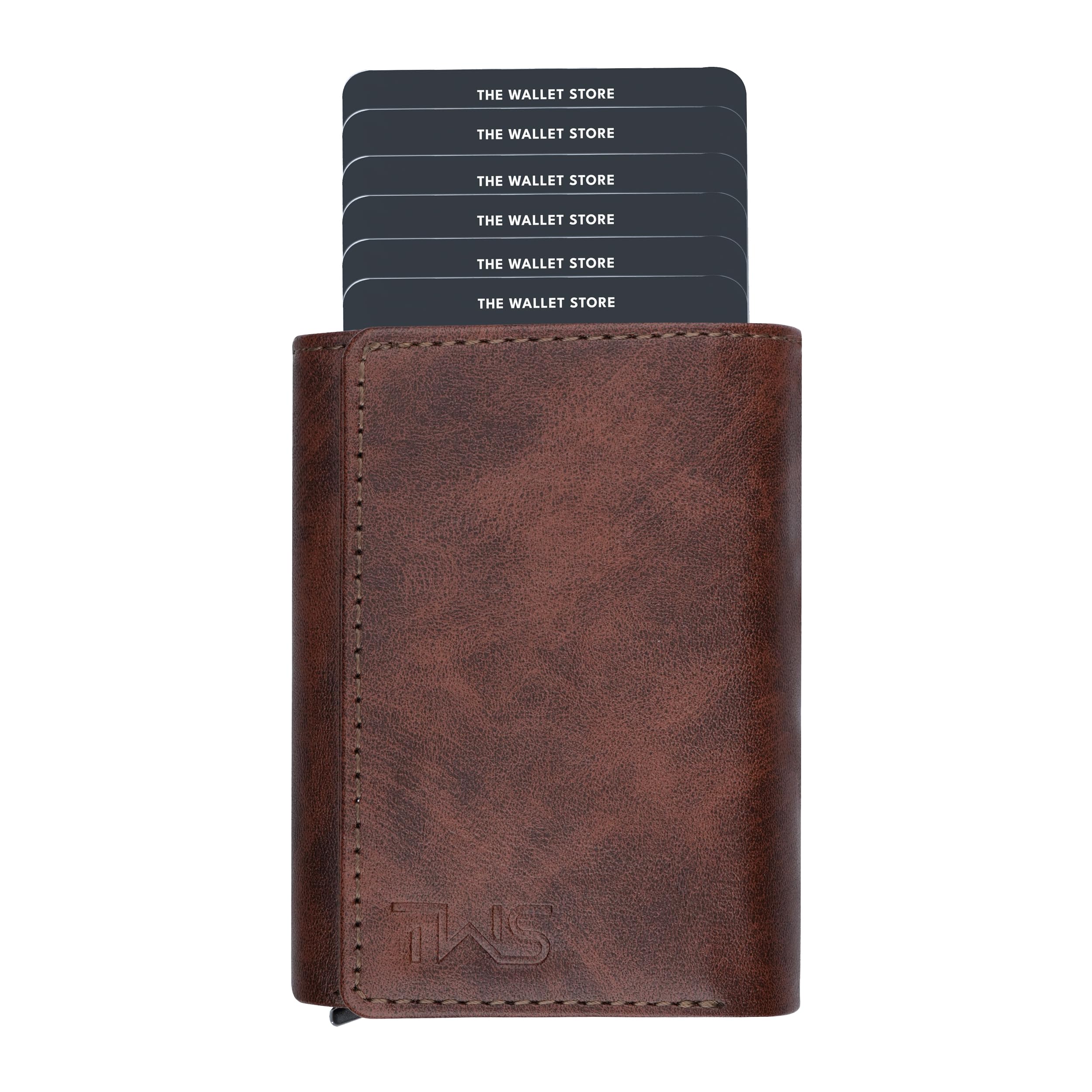 The Wallet Store Maverick RFID Protected Minimalist Wallet, Pop-Up Cardholder, Scan-Proof Aluminium Case, Holds 8 Credit/Debit Cards, Slim Men’s Wallet (Brown-D)