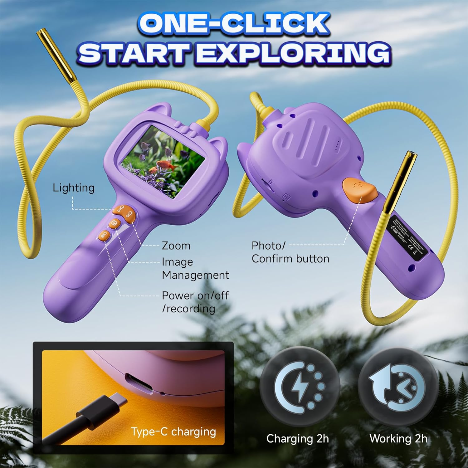 Kids Exploration Endoscope with Light – STEM Exploration Endoscope Toy Kit with Storage Case, Outdoor Nature Discovery Tool, Camping Science Gift for Boys & Girls Ages 3+ (Purple)