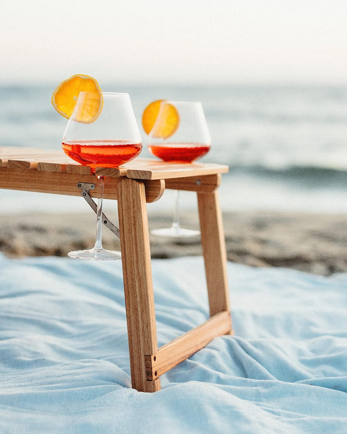 Business & Pleasure Co. Folding Picnic Table - Perfect Mini Outdoor Table for Picnics, Beach, & Concerts - 4 Wine Glass Holders - Umbrella Hole - Premium Teak Hardwood