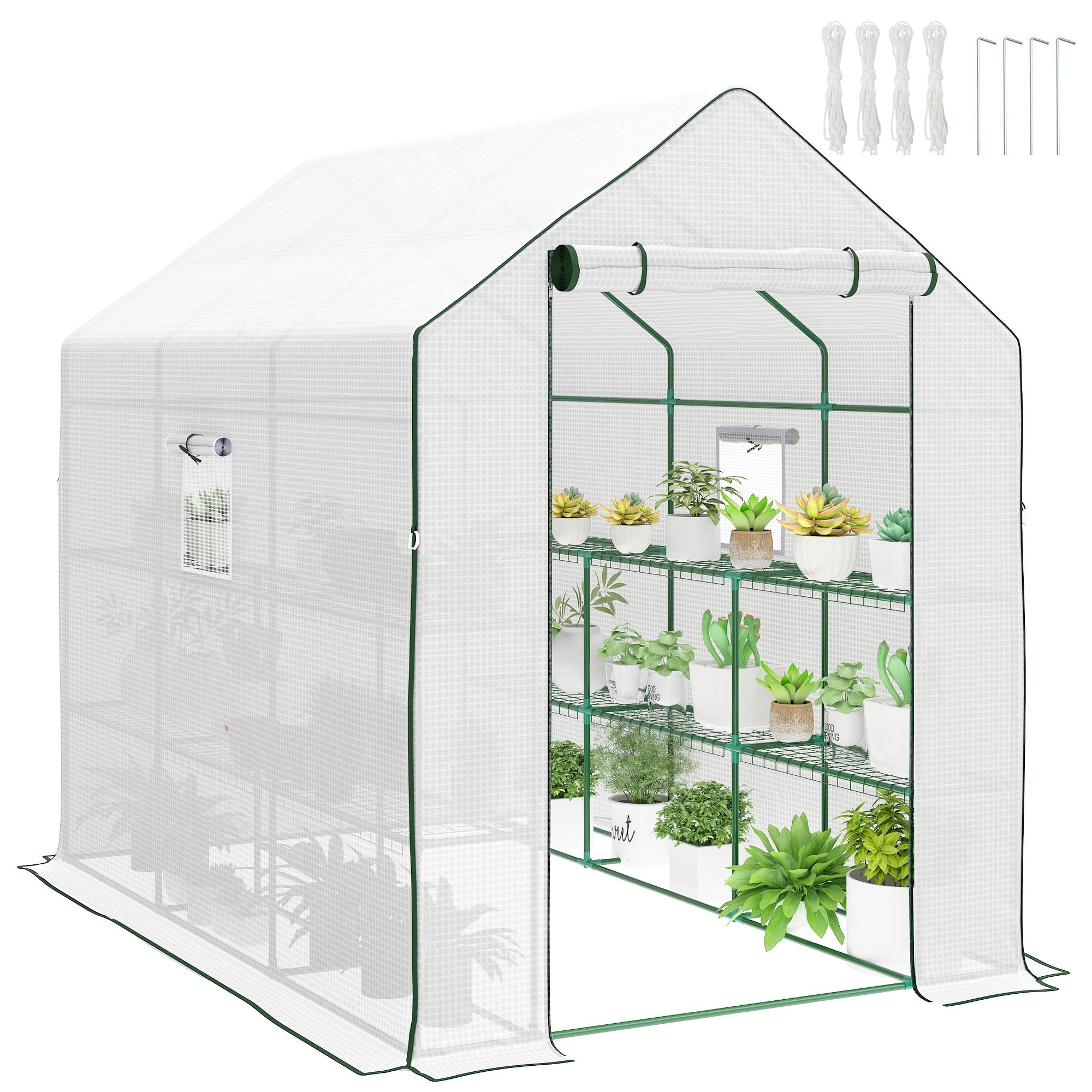 Outsunny Walk-in Greenhouse with 3 Tier 12 Shelves, Small Greenhouse with Reinforced PE Cover, Garden Plant Growhouse with Roll-up Door and Three Mesh Windows, 140 x 213 x 190 cm, White