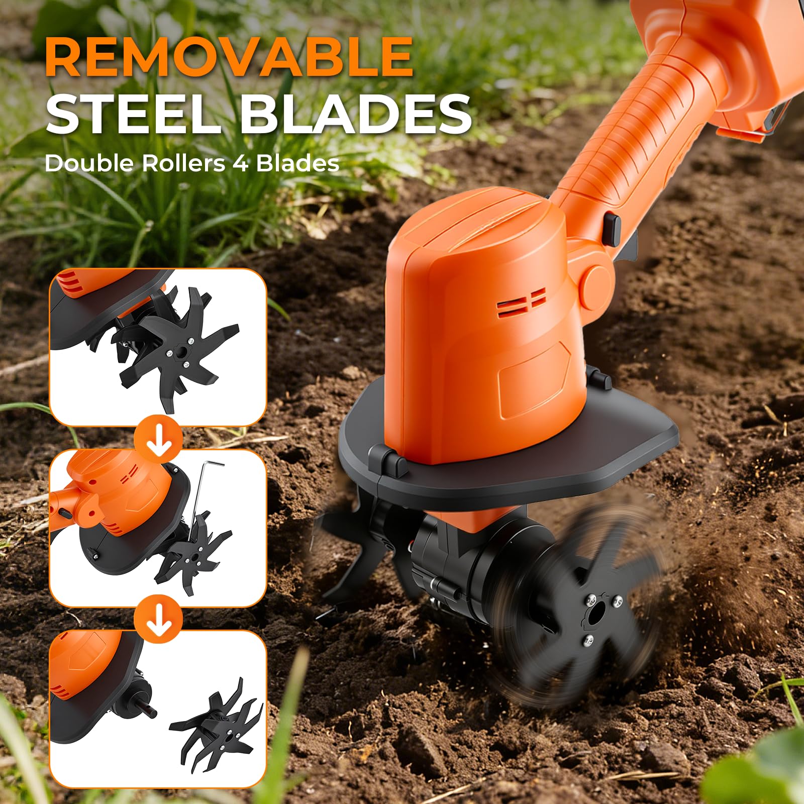 2 in 1 Akku-Bodenhacke, 21V Gartenfräse Elektrisch mit 2 * 1500mAh Akkus, Mikro Gartenfräse mit 1.3m Zusatzhandgriff (4 Metallmesser 10cm Arbeitsbreite 10cm Arbeitstiefe 235 U/min Drehzahl)