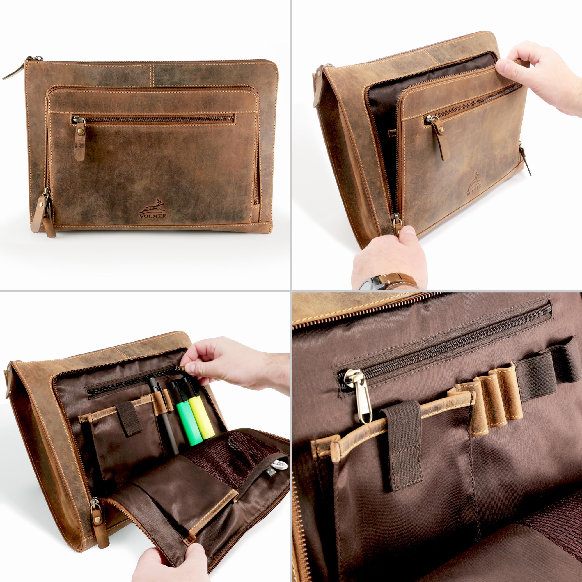 Fa.Volmer ® braune Laptop-Tasche aus echtem Büffel-Leder für MacBooks, Notebooks, Laptops und Tablets bis zu einer Größe von 14″ | Aktentasche A4 | Modell: Riverside
