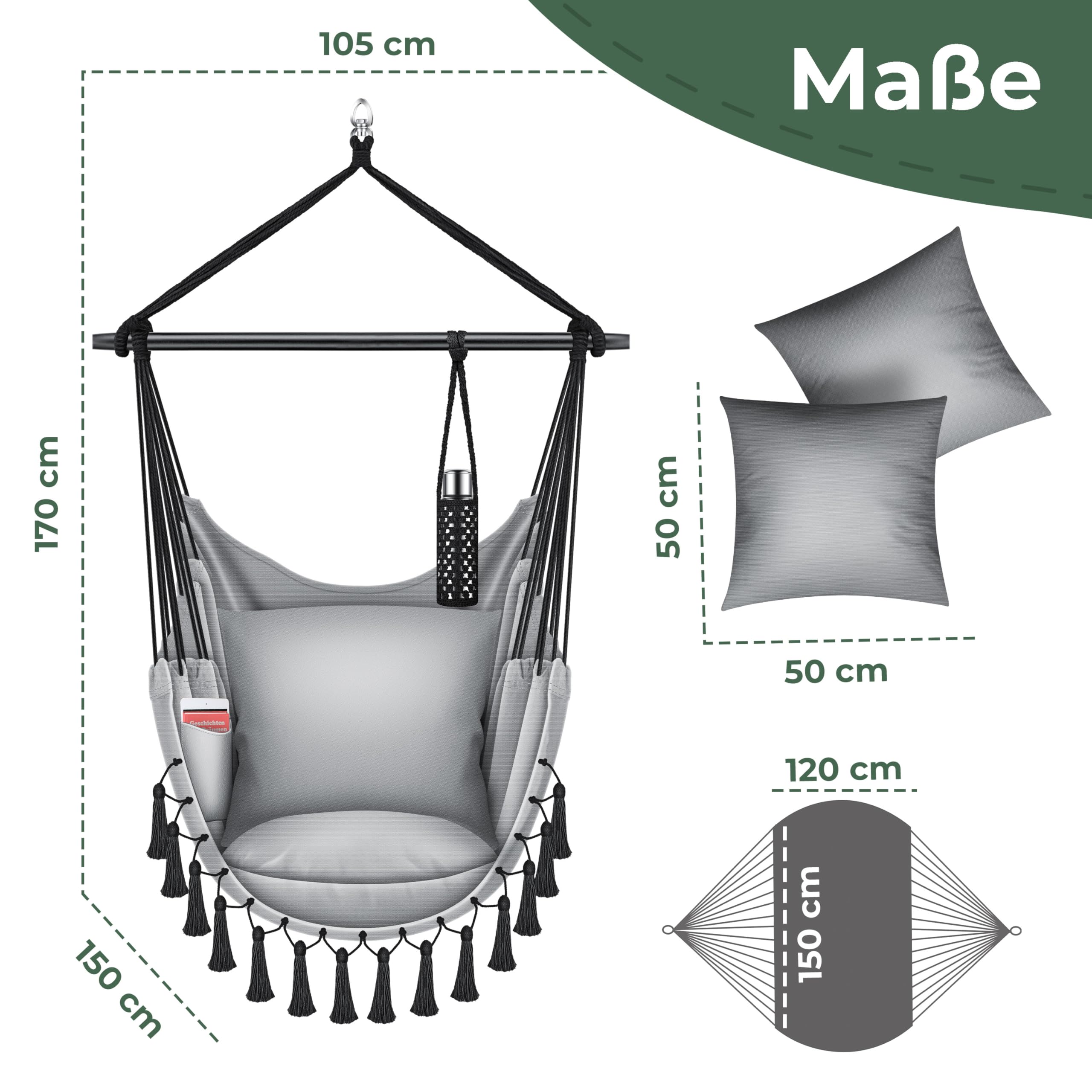 KESSER® Hängesessel Safari XXL Hängestuhl für Erwachsene & Kinder Hängematte bis 150 kg Hängesitz Aufhängung Indoor-Outdoor-Wohnen Inkl. Tragetasche, 2 Kissen, Getränkehalter & Bücherfach, Grau