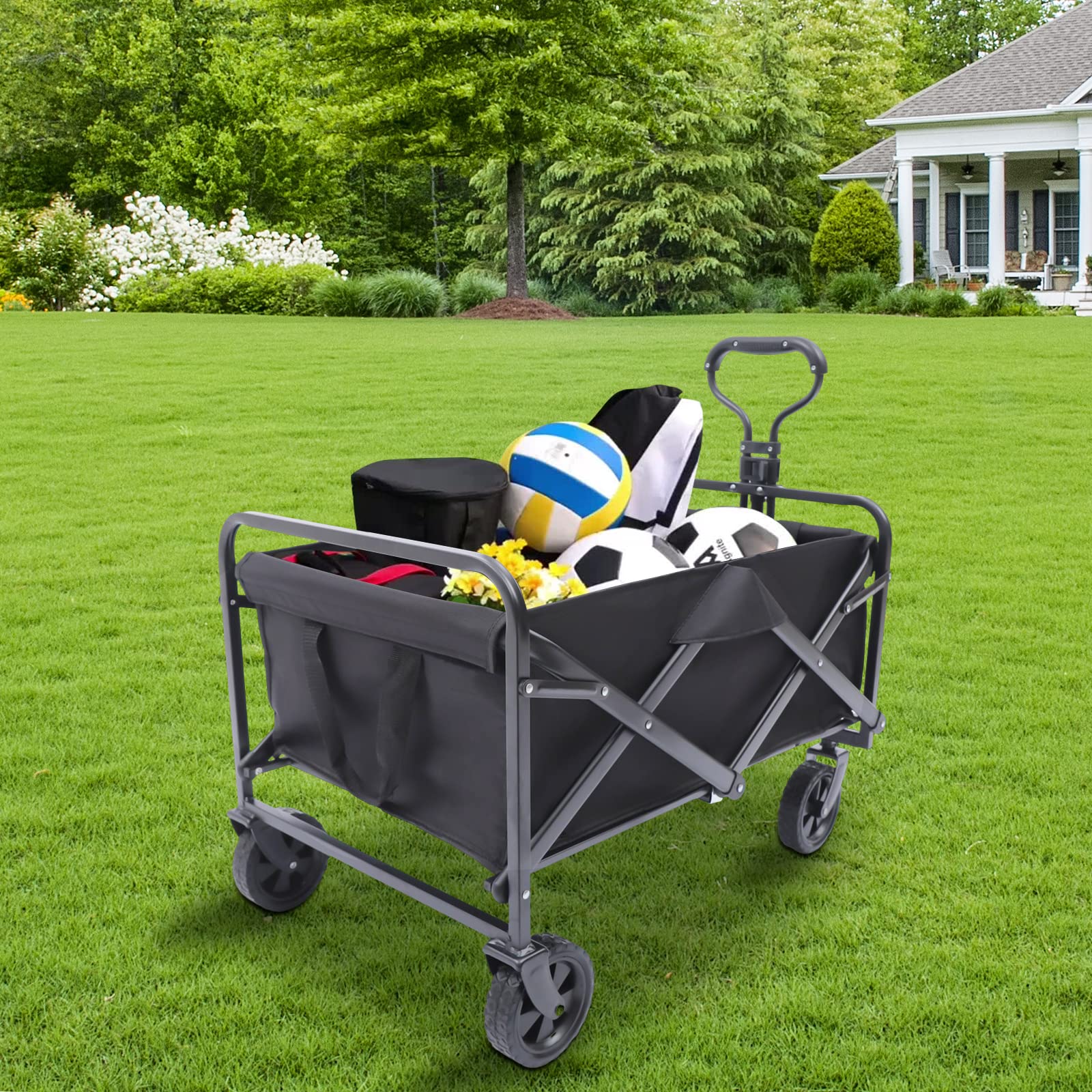 Chariot de jardin pliable, capacité de 80 kg, chariot de pique-nique et de camping, chariot avec porte-gobelet, brouette pliable avec poignée réglable