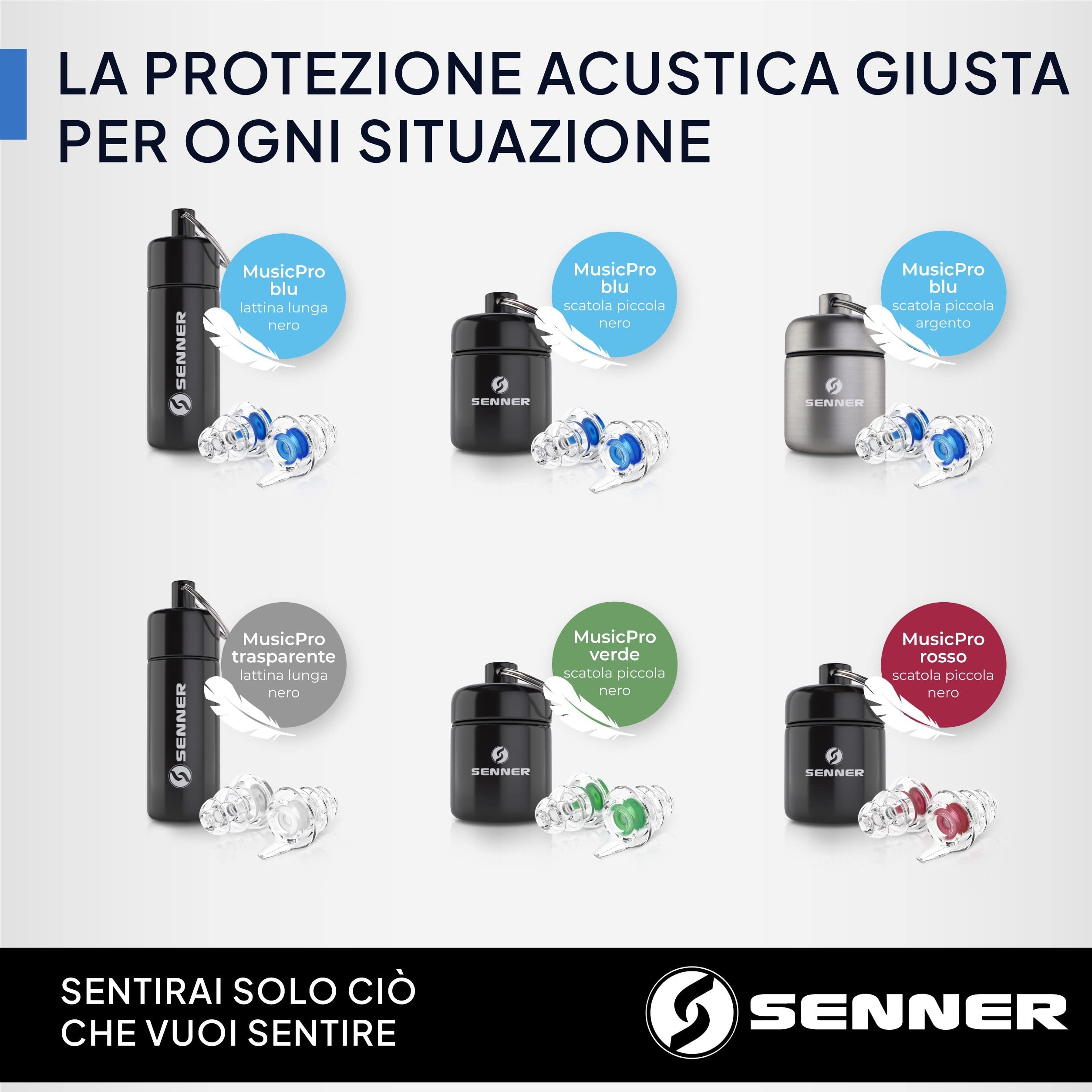 Senner MusicPro tappi per orecchie antirumore a protezione dell’udito con contenitore in alluminio. Ideali per musica, concerti, discoteca e festival (Ampia bottiglia nera Filtro blu)