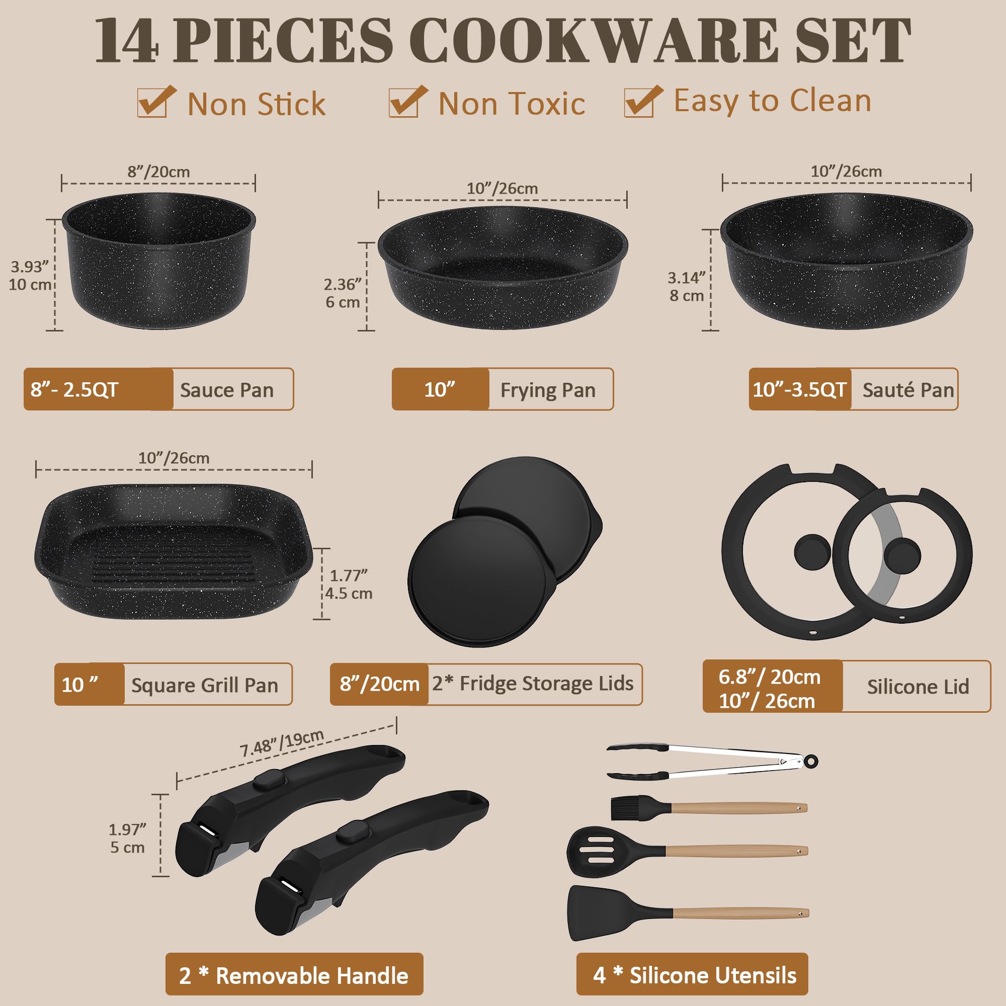Gimars 14pcs Set di Padelle Antiaderente da 14PCS con 2 Manici Rimovibili | Padella da 20 26cm,Casseruola 20cm,26cm Griglia,4 Coperchi 4 Utensili,Senza PFOA PFTE per Induzione Gas Forno