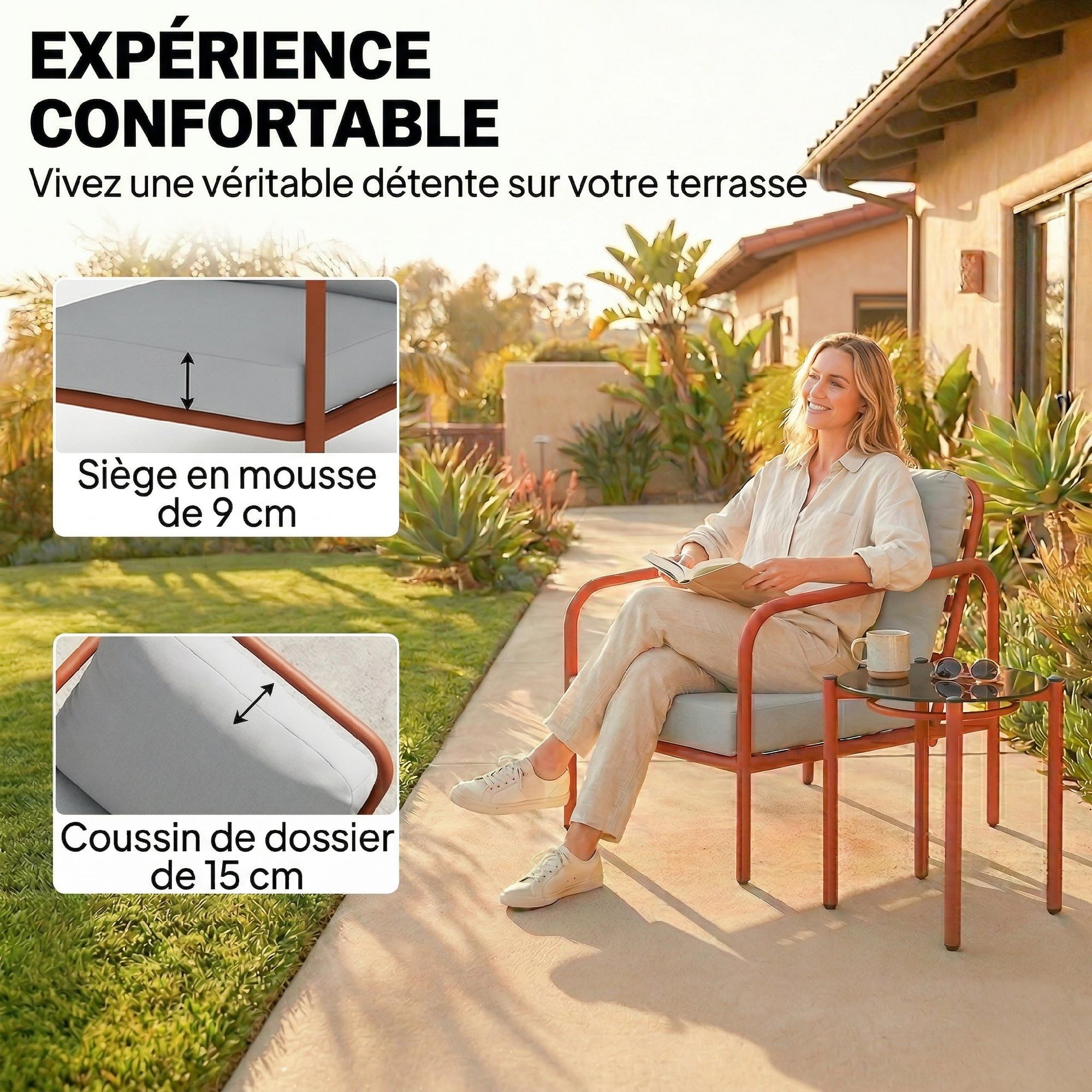 Outsunny Salon de Jardin 3 Pièces, Fauteuils avec Coussins Amovibles, Table Basse Verre Trempé, Acier, Rouge Vineux