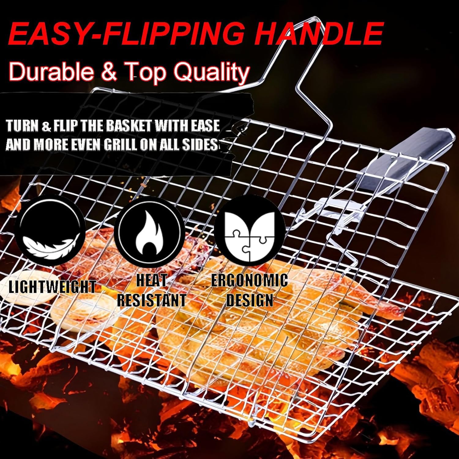 Panier Grille pour Barbecue, Panier à Rôtir à Poisson, Portable, Pliable avec Poignée, Accessoires de Barbecue, Grille de Barbecue Portable pour Poisson Légumes Steak de Crevettes(32 x 22,5 x 4 cm)