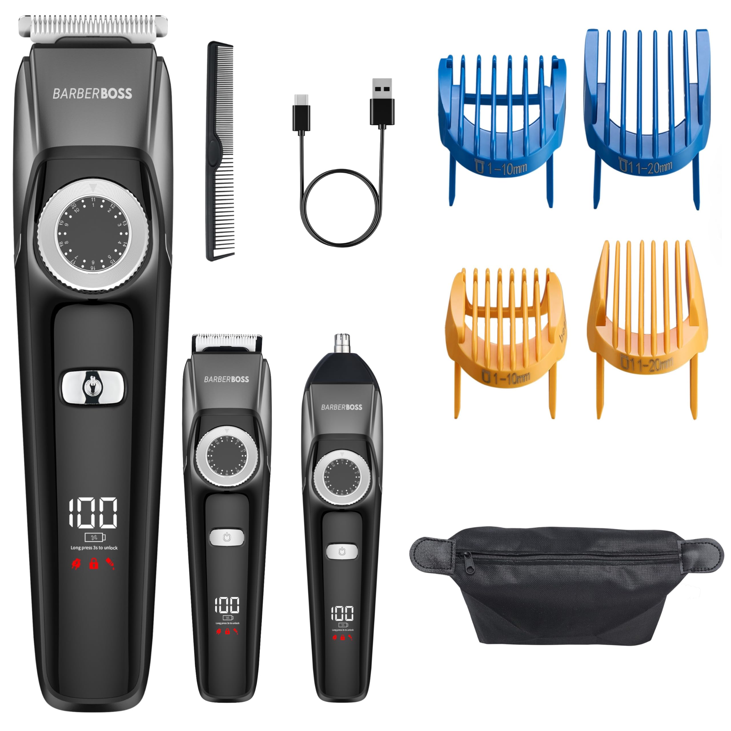 Barberboss Kabelloser Bartschneider für Männer, 3-in-1-Bart, Haar und Nasenschneider, Herren Pflegeset mit Keramikklingen, USB-Ladefunktion und wasserdichtem Design, Herren-Haarschneider