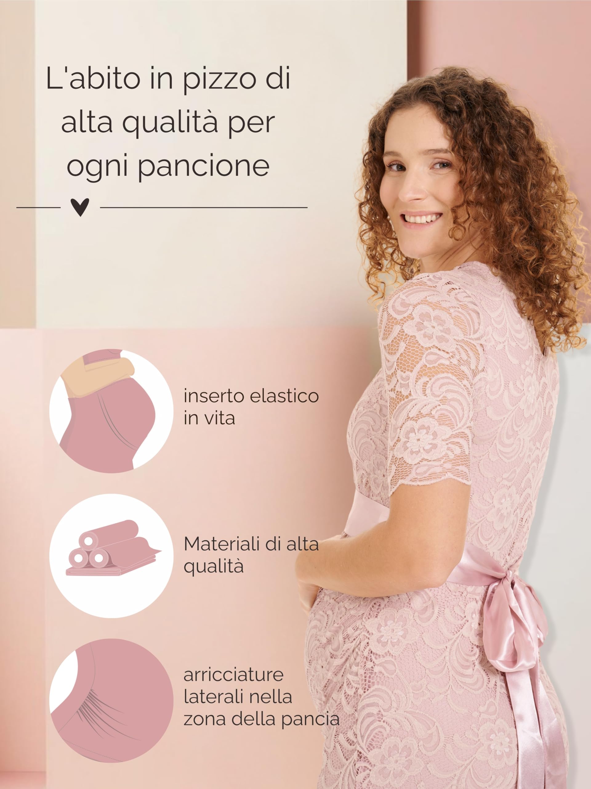 Herzmutter Abito Premaman Elegante – da Donna - Abito Gravidanza al Ginocchio – Girocollo - per Matrimonio e Occasioni Festive - Crema-Champagne-Blu-Rosso-Rosa – 6200