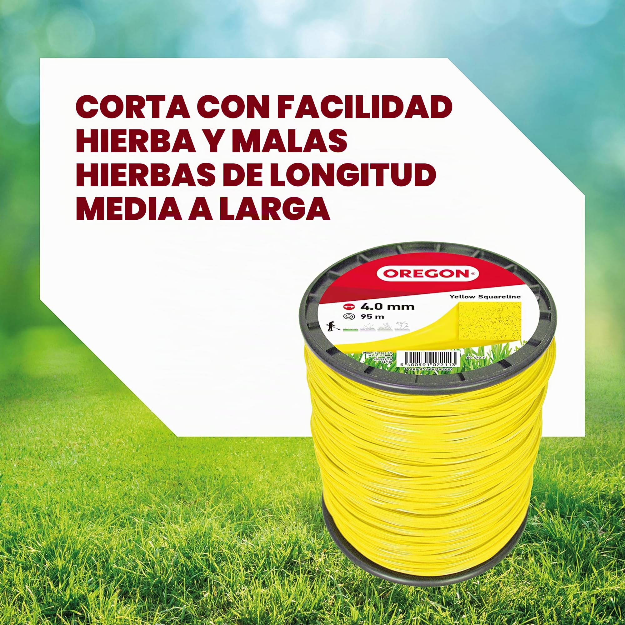 Oregon Yellow Square Hilo Cuadrado para Desbrozadora 4mm, Hierba, Maleza, Vegetación y más, Hilo de Nylon de Gran Resistencia, Compatible con la Mayoría de Modelos Estándar, 4.0mm x 95m (69-478-Y)