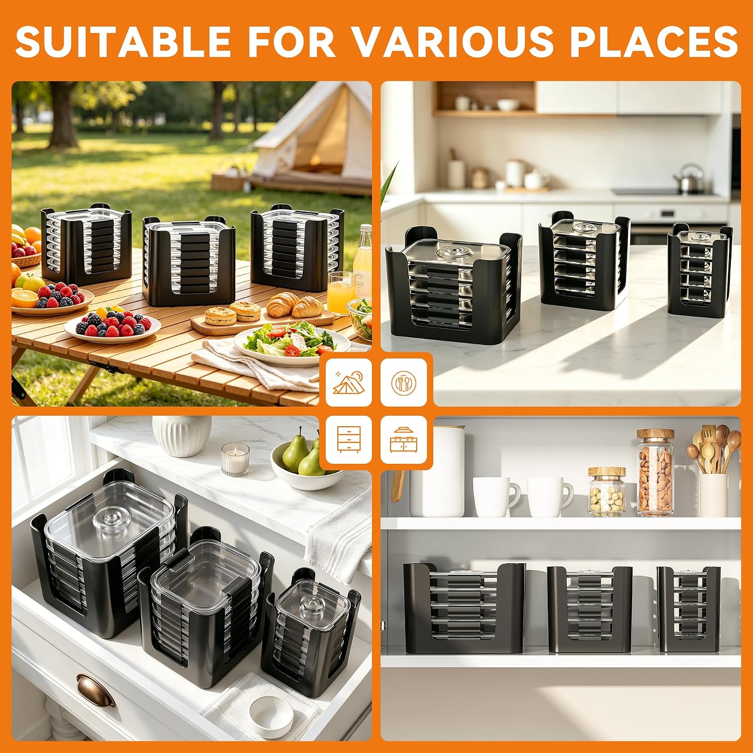 3PCS Food Container Lid Organizer – Holds 24 Lids for Rubbermaid Brilliance (4.7, 3.2, 1.3, 0.5 Cup Containers), Kitchen Cabinet & Drawer Organizer for Lid Holder (Black)