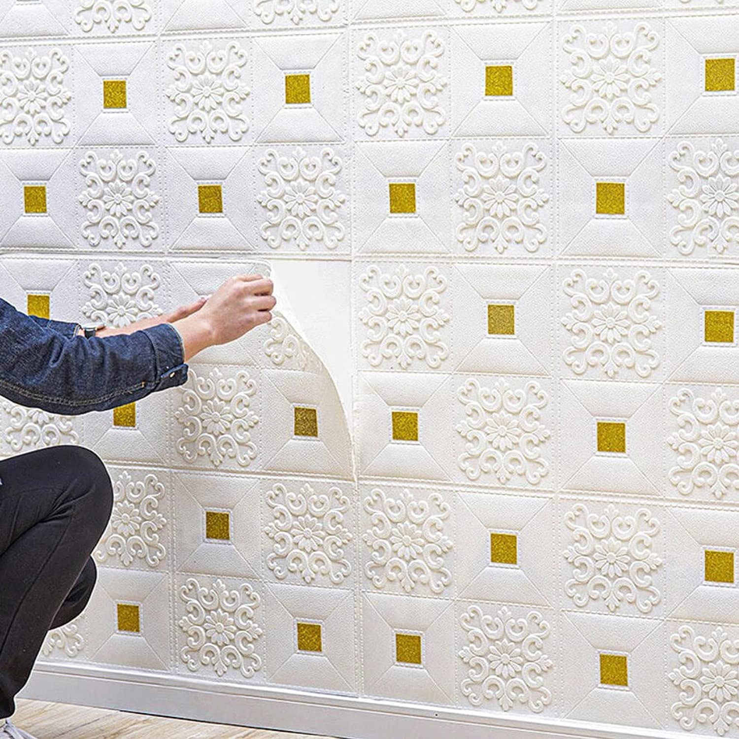 3D Wallpaper PE Foam self Adhesive Design Wall Stickers/DIY Wallpaper for Home Hotel Living Room Bedroom Cafe Deco (70 x 77 cm, White) (Gold) (B0D6RF6NJH) Amazon Price History, Amazon Price Tracker