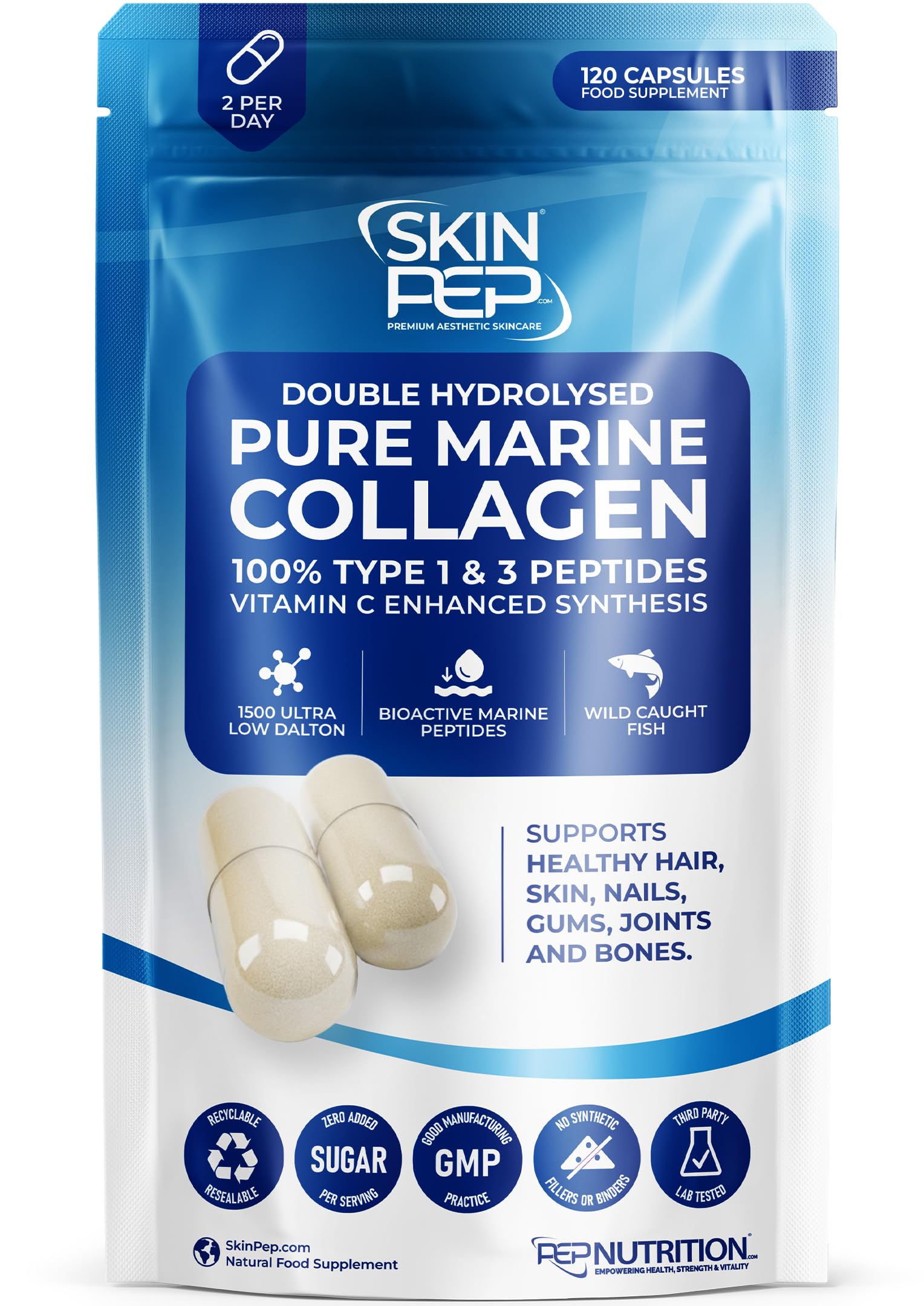 100% Pure Marine Collagen (120 Capsules) - 1270mg (Not Collagen Powder) - 2 Months Supply - Collagen Supplements for Women & Men Premium Double Hydrolysed Triple Filtered Type 1&3 Peptides by SkinPep
