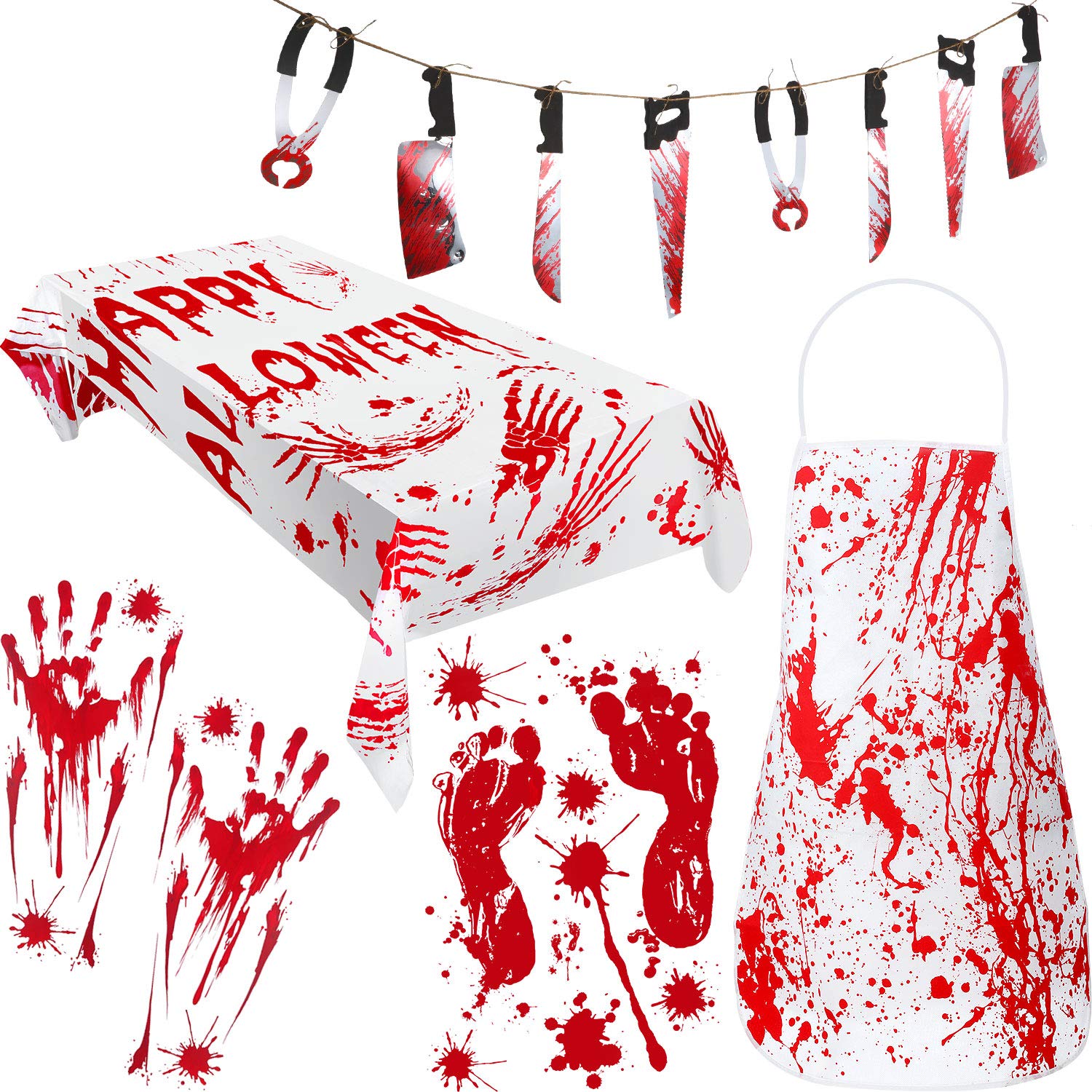Boao 5 Pieces Halloween Bloody Garland Decorations, Include Knife Hanging Banner, Blood Splatter Apron and Blood Splatter Tablecloth with 2 Pieces Bloody Handprints and Footprints Window Stickers