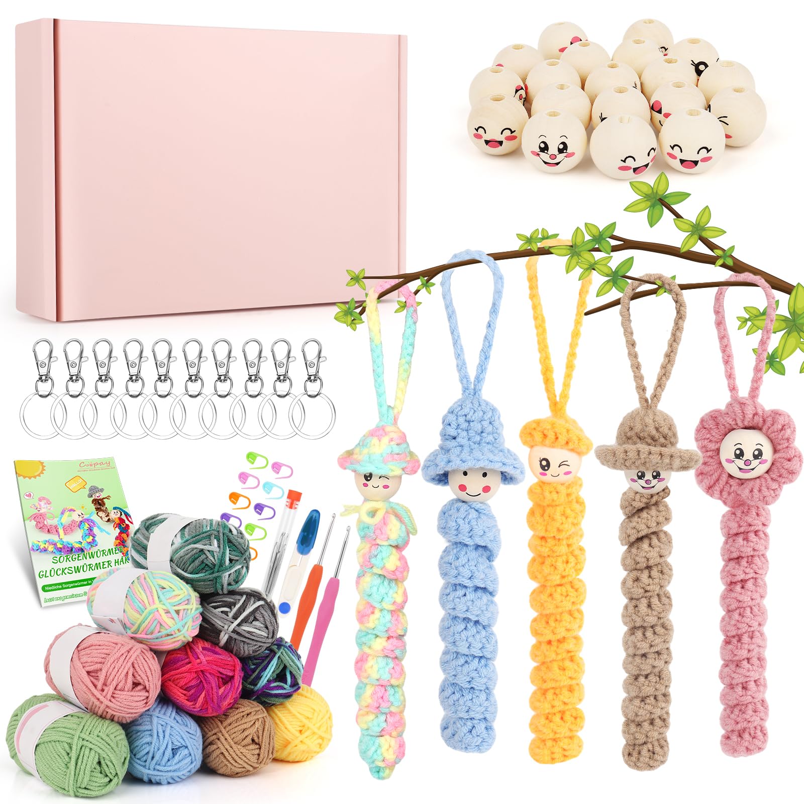 Boules en bois avec visage pour vers porte-bonheur fils de coton dégradé kit DIY Coopay