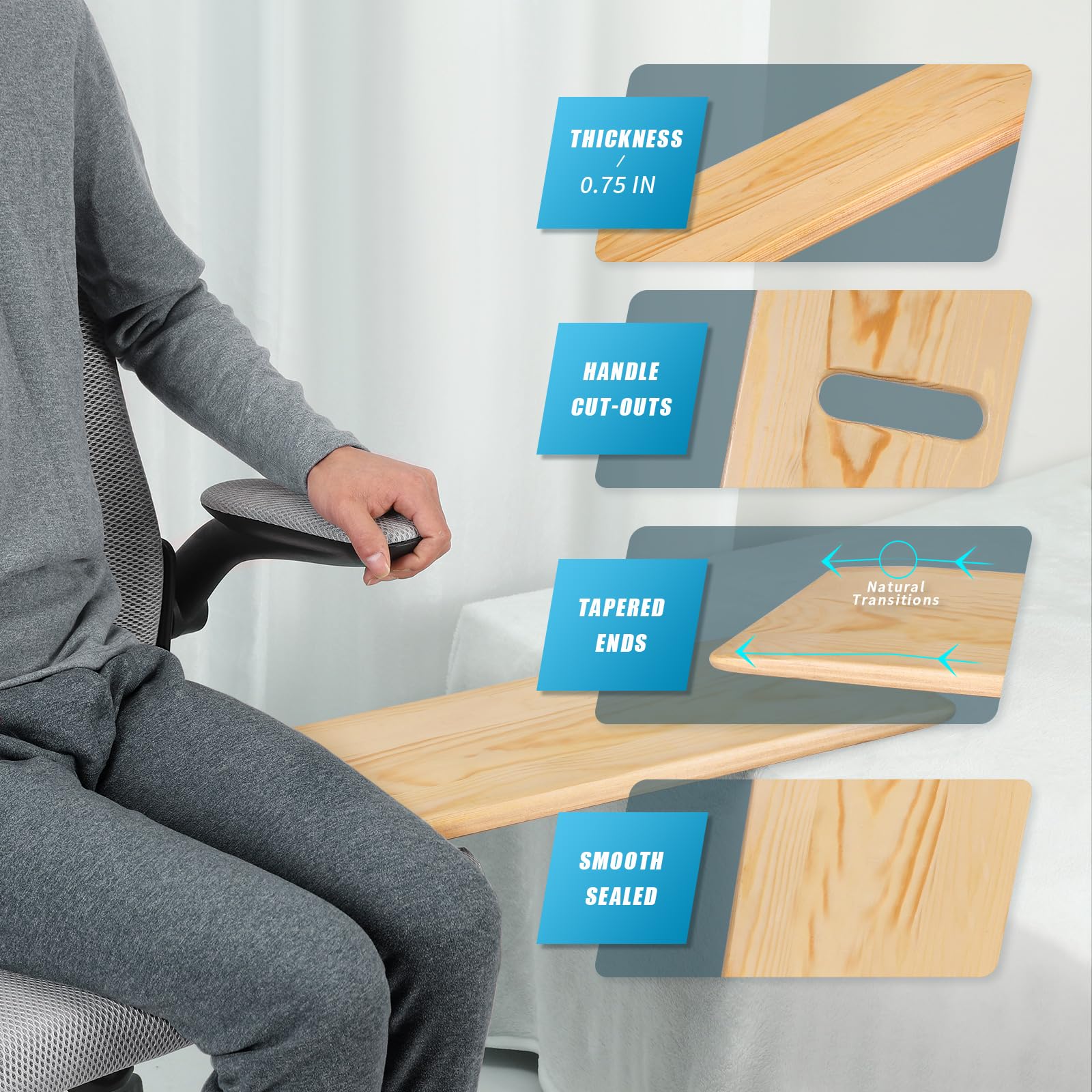 Tavola di trasferimento e tavola scorrevole con manici, realizzata in legno resistente, aiuto per la mobilità per anziani, handicap, può contenere fino a 226,8 kg, 61 x 20,3 x 1,9 cm