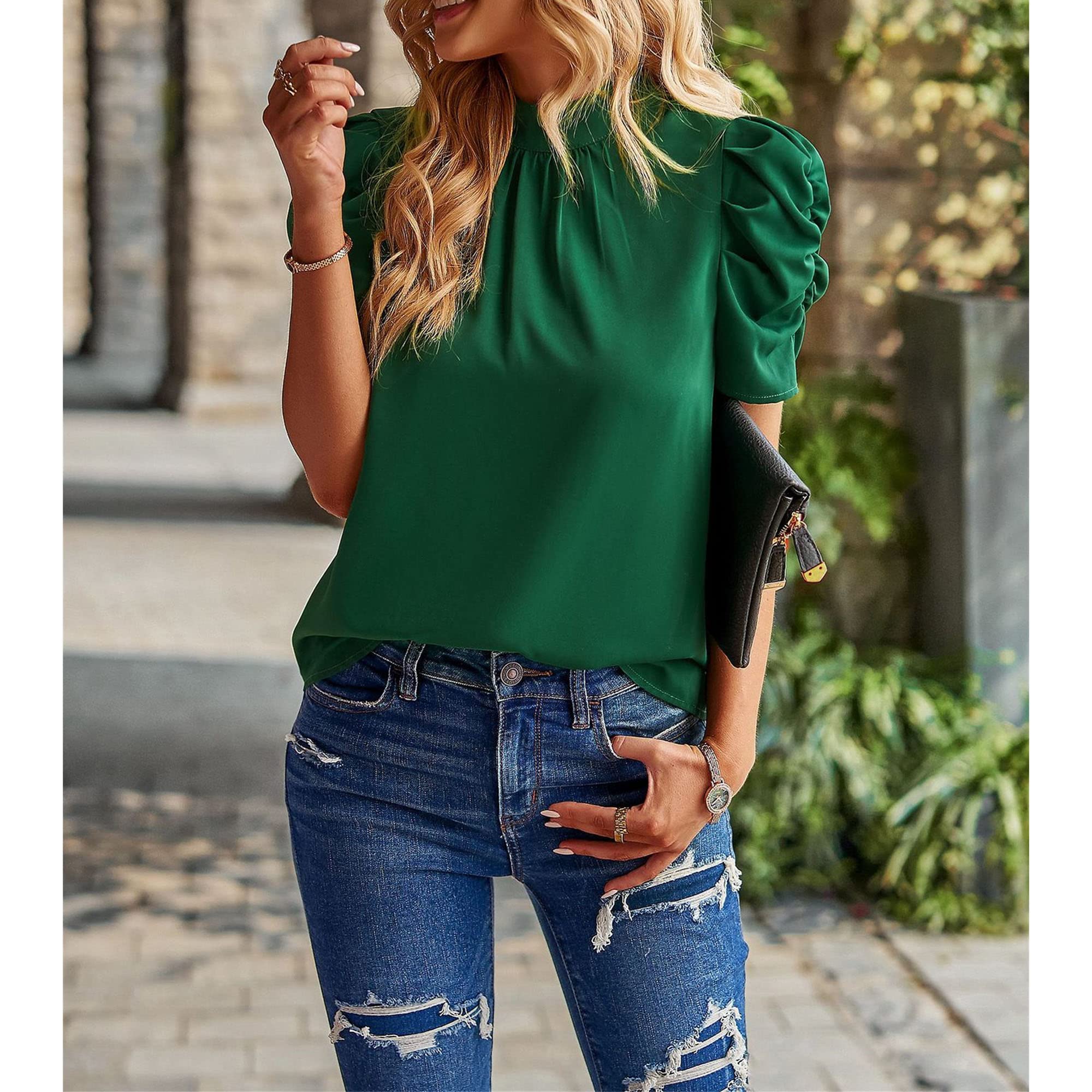 Women's Casual Puff Short Sleeve Frill Mock Neck Short Puff Sleeve Back Work Office Blouse Summer Tops (X-Large,Green)
