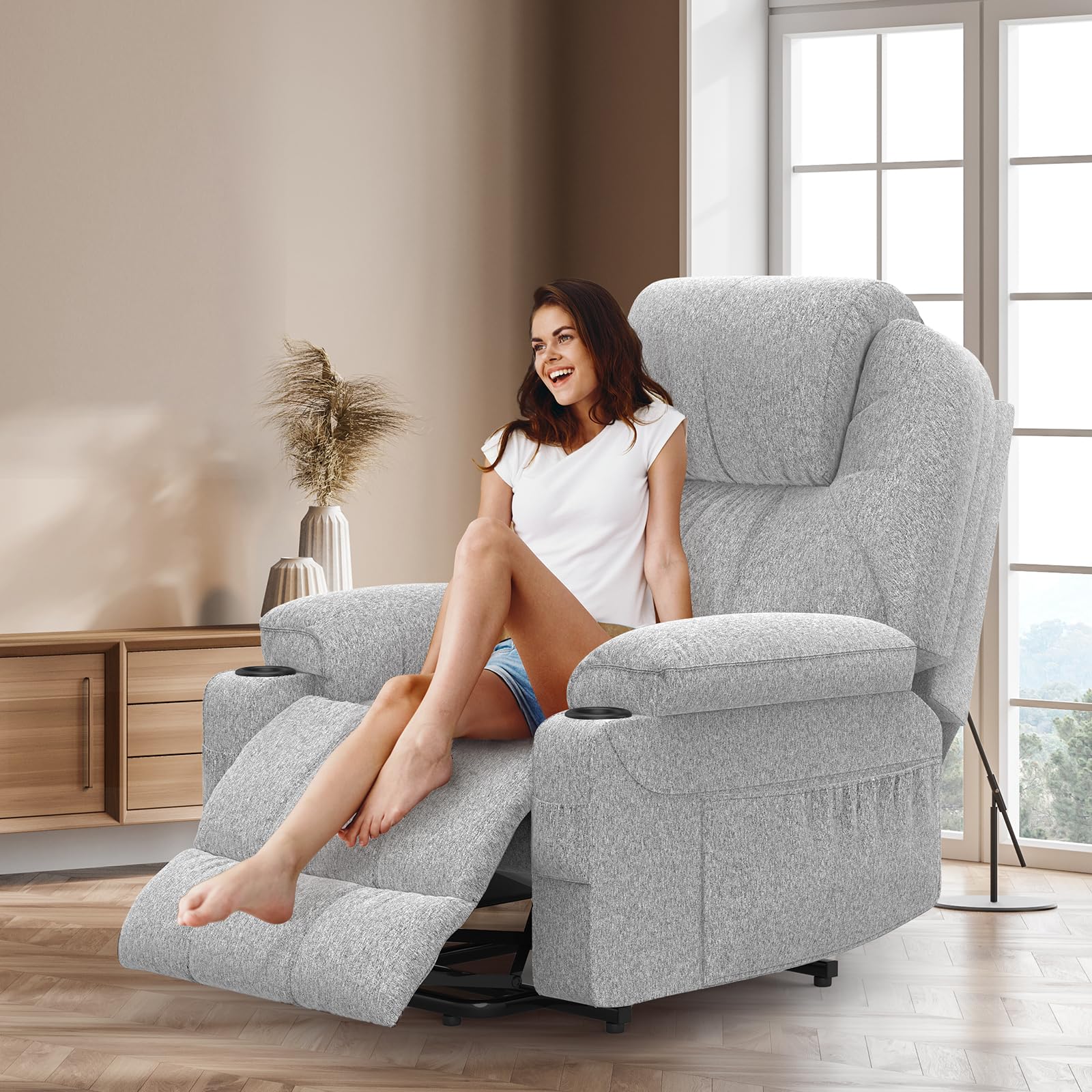 Relaxsessel für ältere Menschen, Power-Liegestuhl mit Massage und Wärme, verlängerte Fußstütze, Typ C + USB-Anschlüsse, 2 Getränkehalter, Zwei Seitentaschen, Liegestühle, Loungesofa