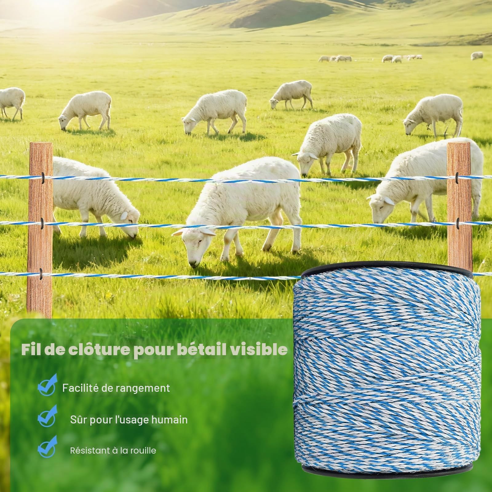 Qivine 500m Fil de Clôture Électrique, 6 Brins Corde de Clôture Électrique, Corde Conductrice en Acier Inoxydable, Accessoire de Haute Conductivité pour Ferme, Bétail, Mouton