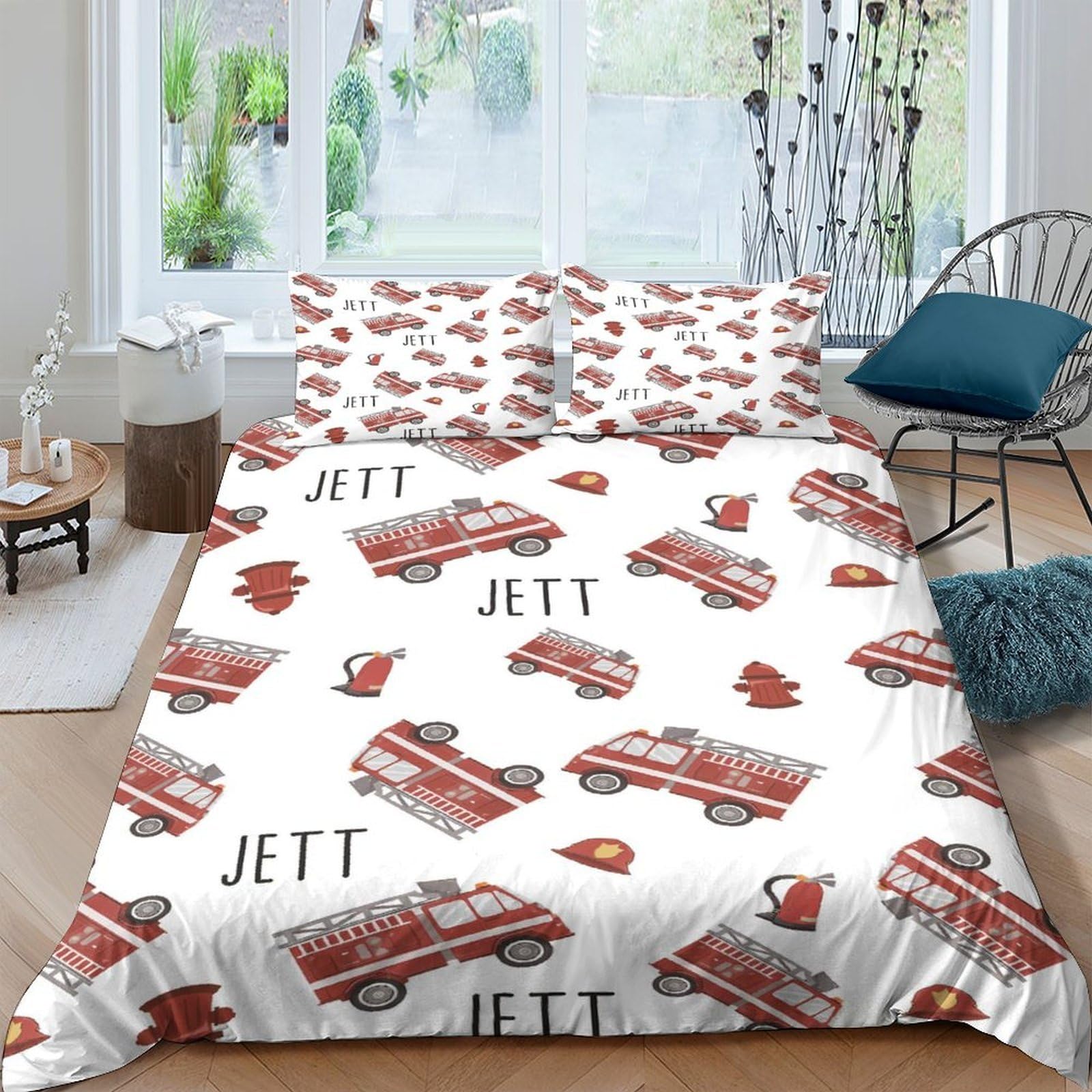 GPLZQXKJNH 3D Printed Fire Truck Duvet Cover Microfiber Soft Breathable Firefighter Helmet Bedding Set with 2 Pillowcases for Bedroom Decor Single（135x200cm）