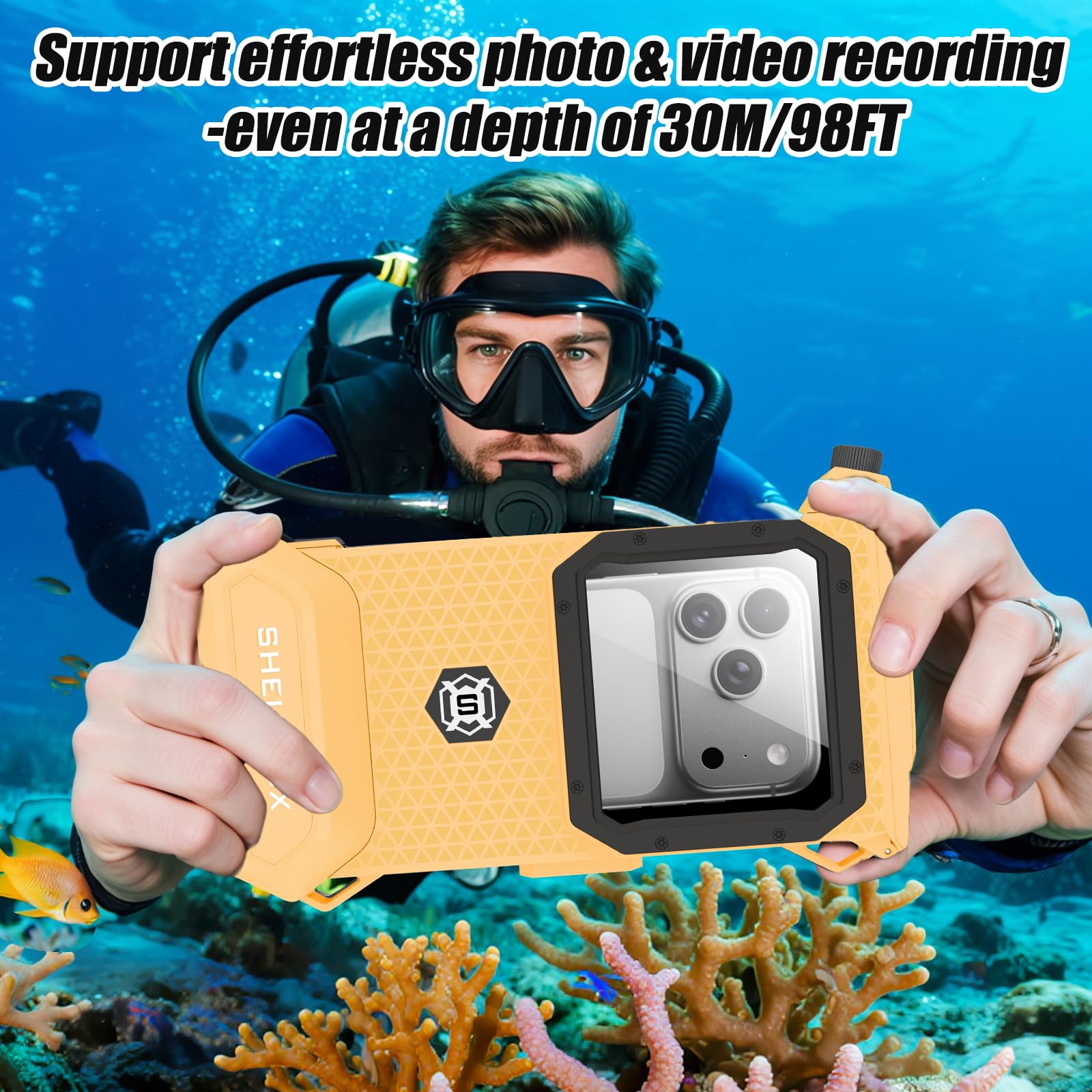 Underwater Phone Case for Snorkeling & Diving (50ft/15m), IP68 Waterproof Case for Swimming, Universal Underwater Touch Screen Case Compatible with iPhone (Yellow + Black, 5th Generation Phone Case)