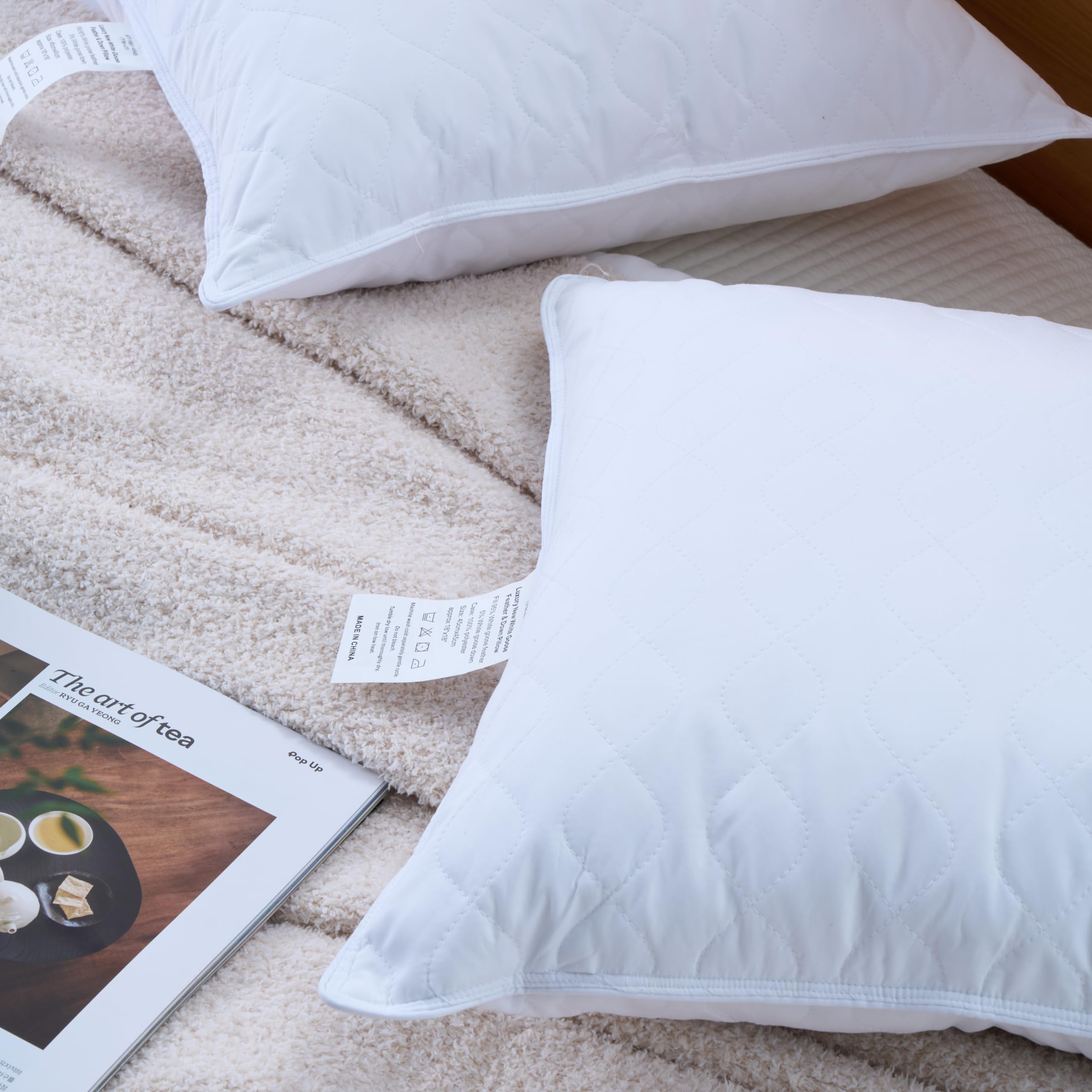 Deodar Almohada de Pluma 50x70, Almohada de Lujo para Dormir de Pluma de Ganso, 100% Algodón Orgánico Funda, Lavable, Certificación Öko-Tex y RDS, 2 Piezas