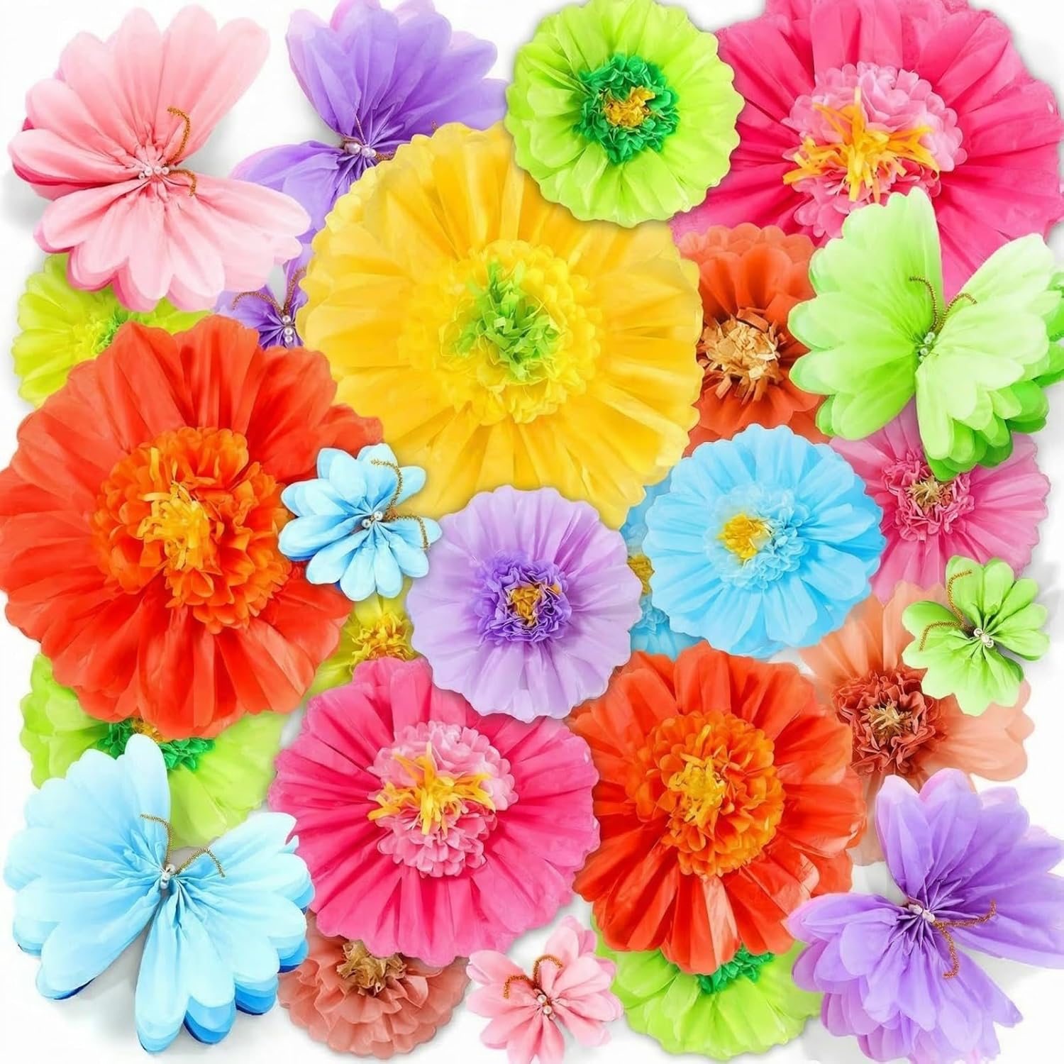 AmazingSpark 20 Pcs Colorful Giant Paper Flowers and Butterfly 24''/12'' Large Tissue Paper Flowers 9.8''/7.9'' Gradient Butterfly for Wall Fiesta Christmas Mexican Wedding Baby Shower Party Decor