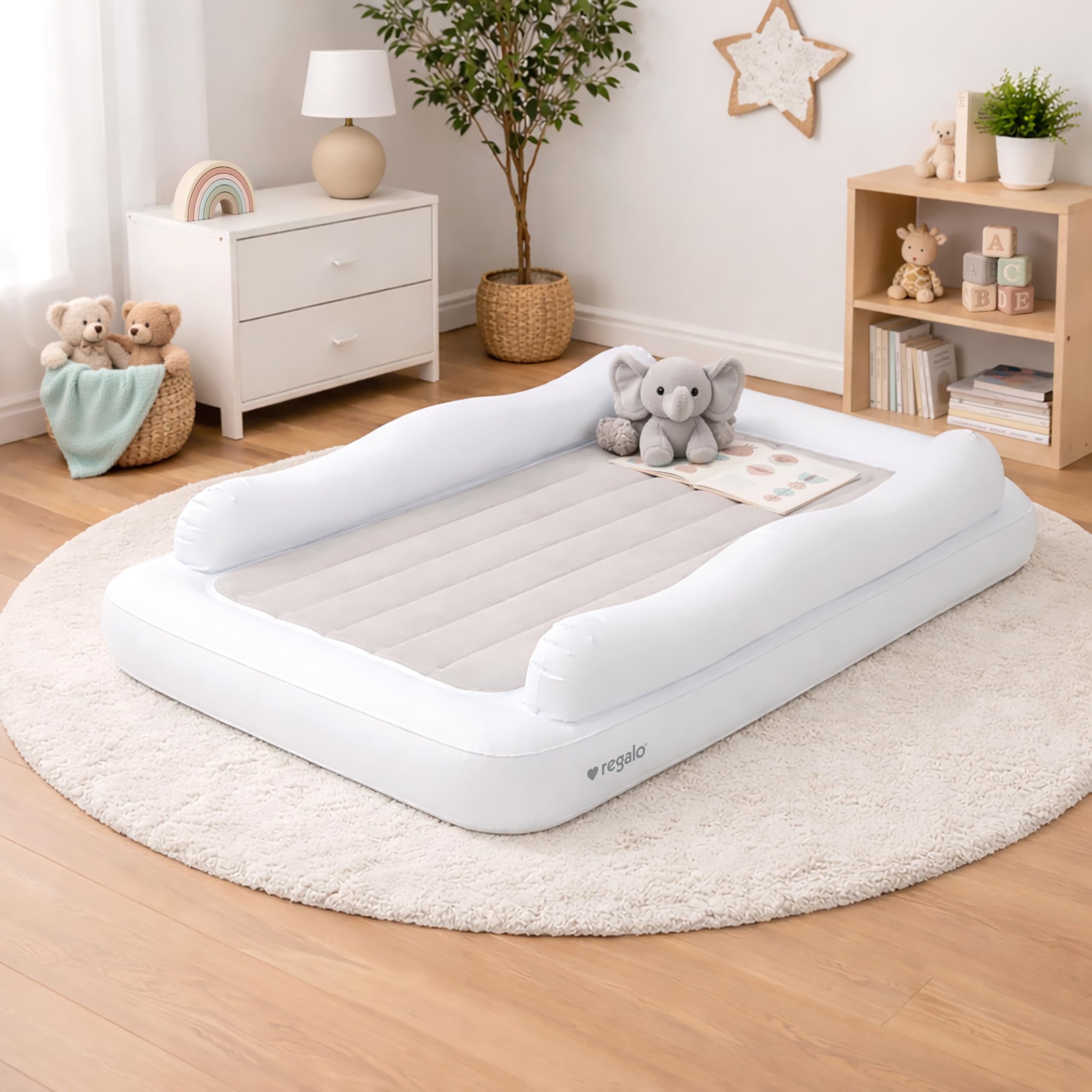 Photo 1 of Regalo Inflatable Toddler Travel Bed with Safety Rail Bumpers, Portable Toddler Air Mattress with Pump & Carry Bag, Foldable Kids Bed for Travel, Camping & Sleepovers, Ages 2–5