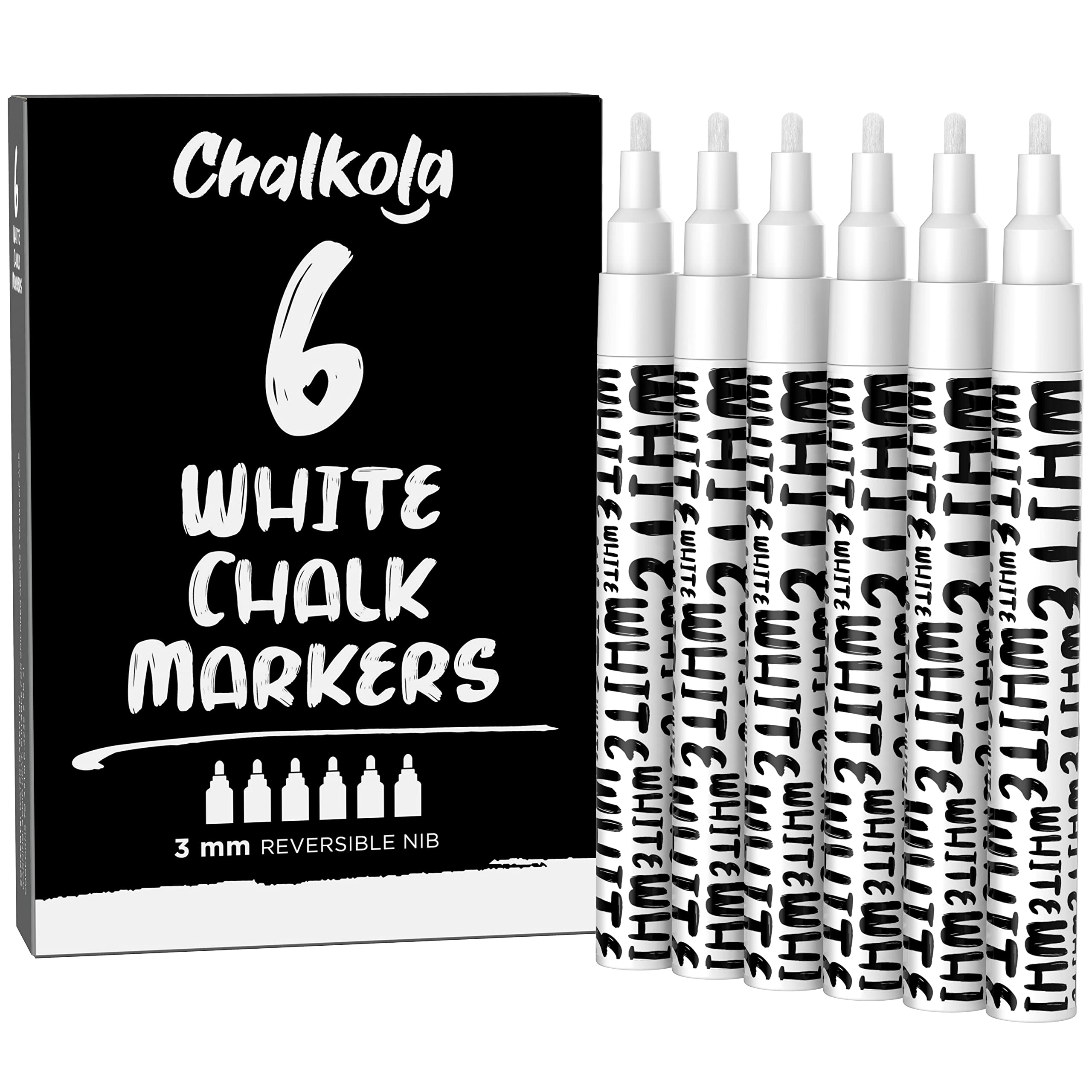 Chalkola White Chalk Markers - White Dry Erase Liquid Chalk Pens for Chalkboard, Blackboard, Window, Bistro, Car Glass, Board, Signs - 3mm Reversible Bullet & Chisel Point