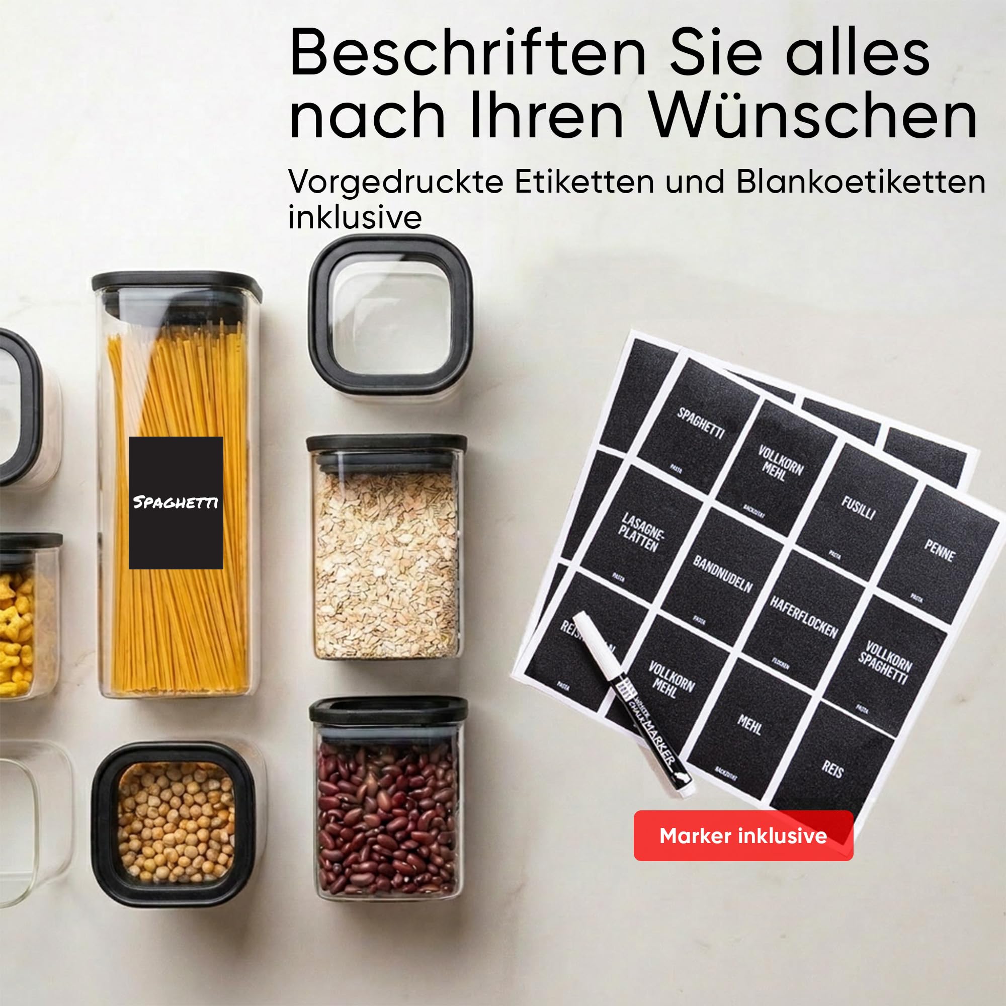 Deco haus Vorratsgläser Eckig mit Glasdeckel 6er-Set 1600 ml [+ Etiketten] | Vorratsdosen glas 6x1600ml - Nudeln, Müsli, Mehl Aufbewahrungsgläser - Glasbehälter & Töpfe - Vorratsbehälter Glas