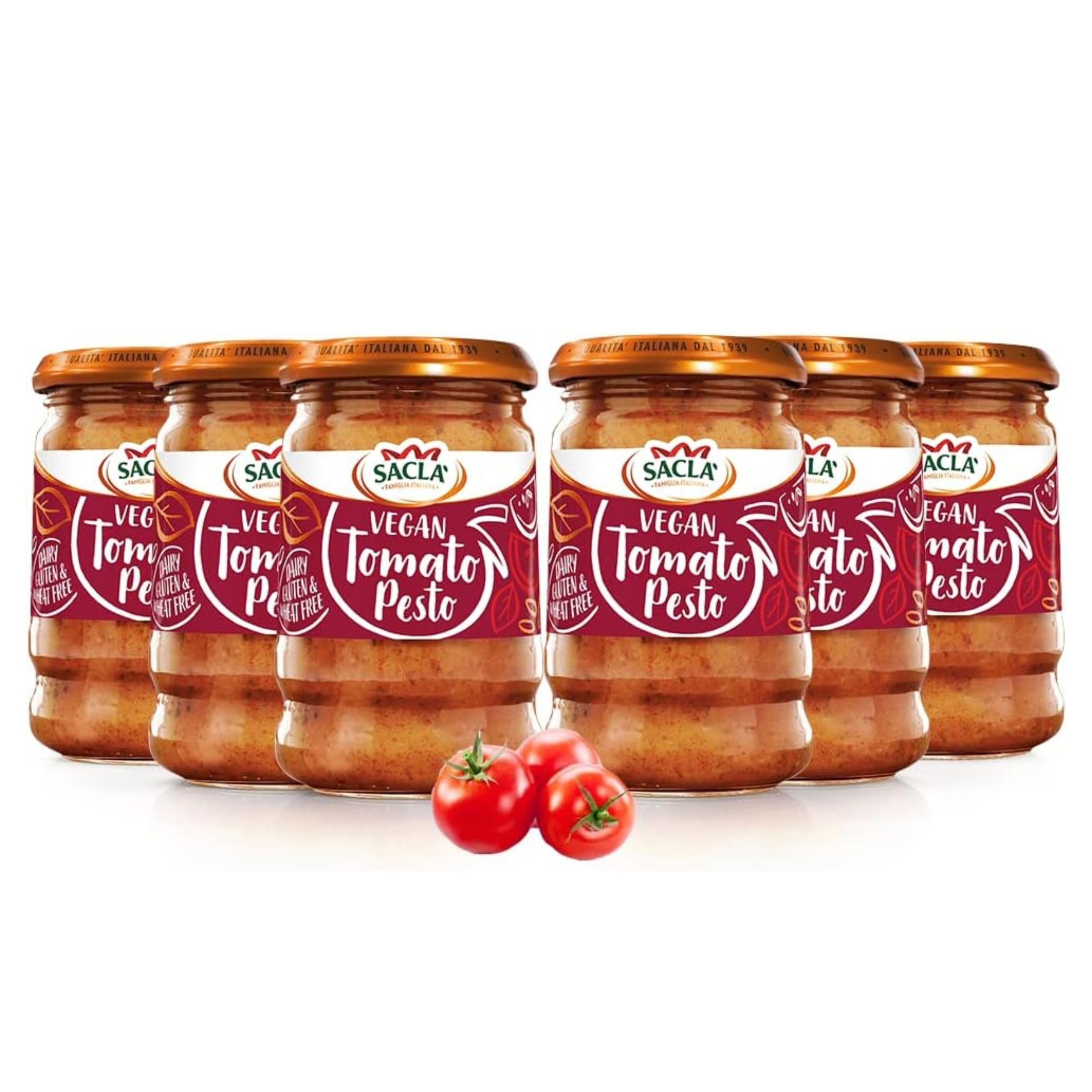 Sacla Vegan Tomato Pesto - Free From Dairy, Wheat and Gluten, Perfect with Pasta, Stuffed Tomatoes and Chickpea Salad - Made with Tomatoes, Nuts and Fragrant Basil (Pack of 6)
