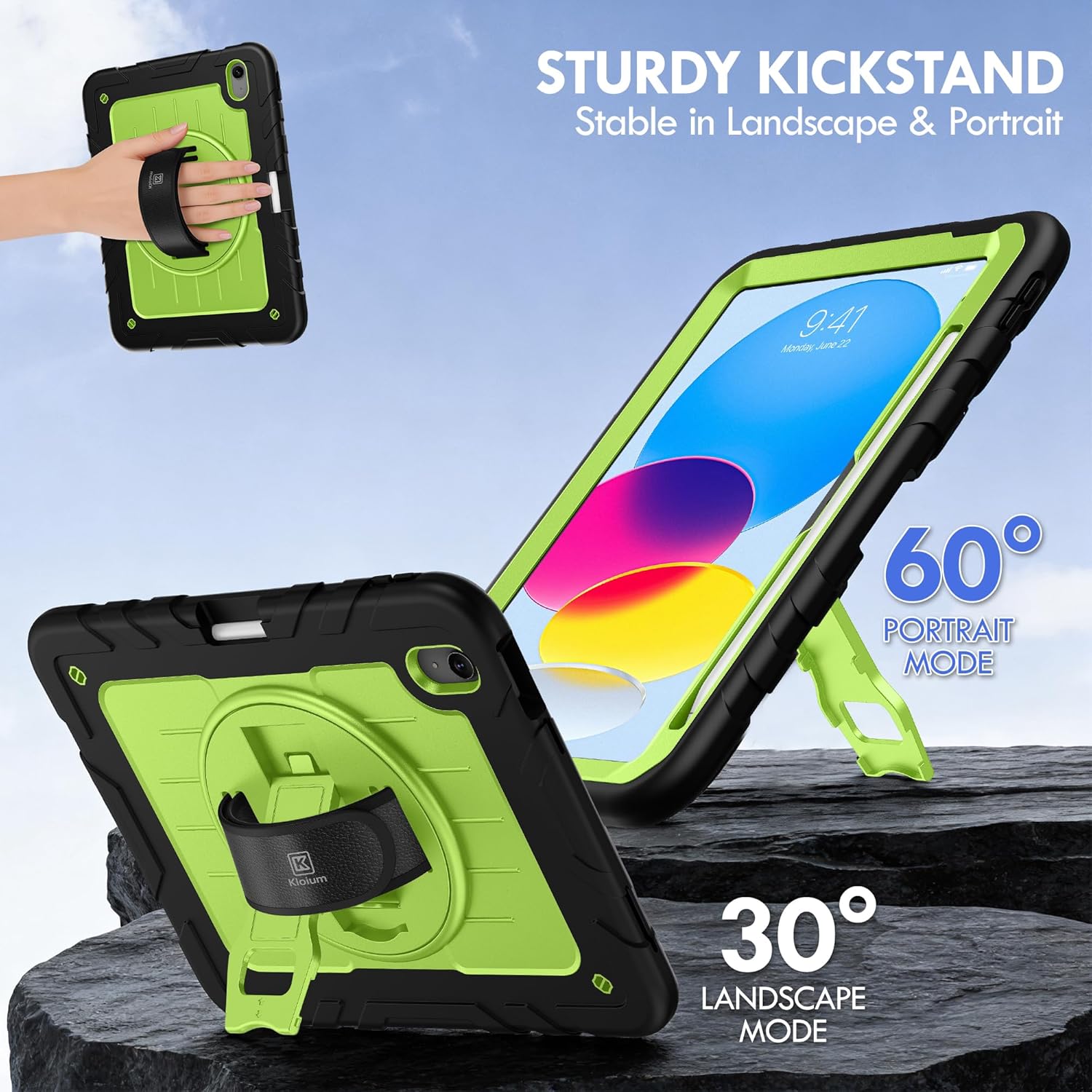 Case for iPad A16 (2025) 11th/10th Gen (11″/10.9″, 2022), Heavy Duty Shockproof Full-Body Cover with Pencil Holder, 2-in-1 Hand/Shoulder Strap, 360° Rotating Kickstand (Black+Green)