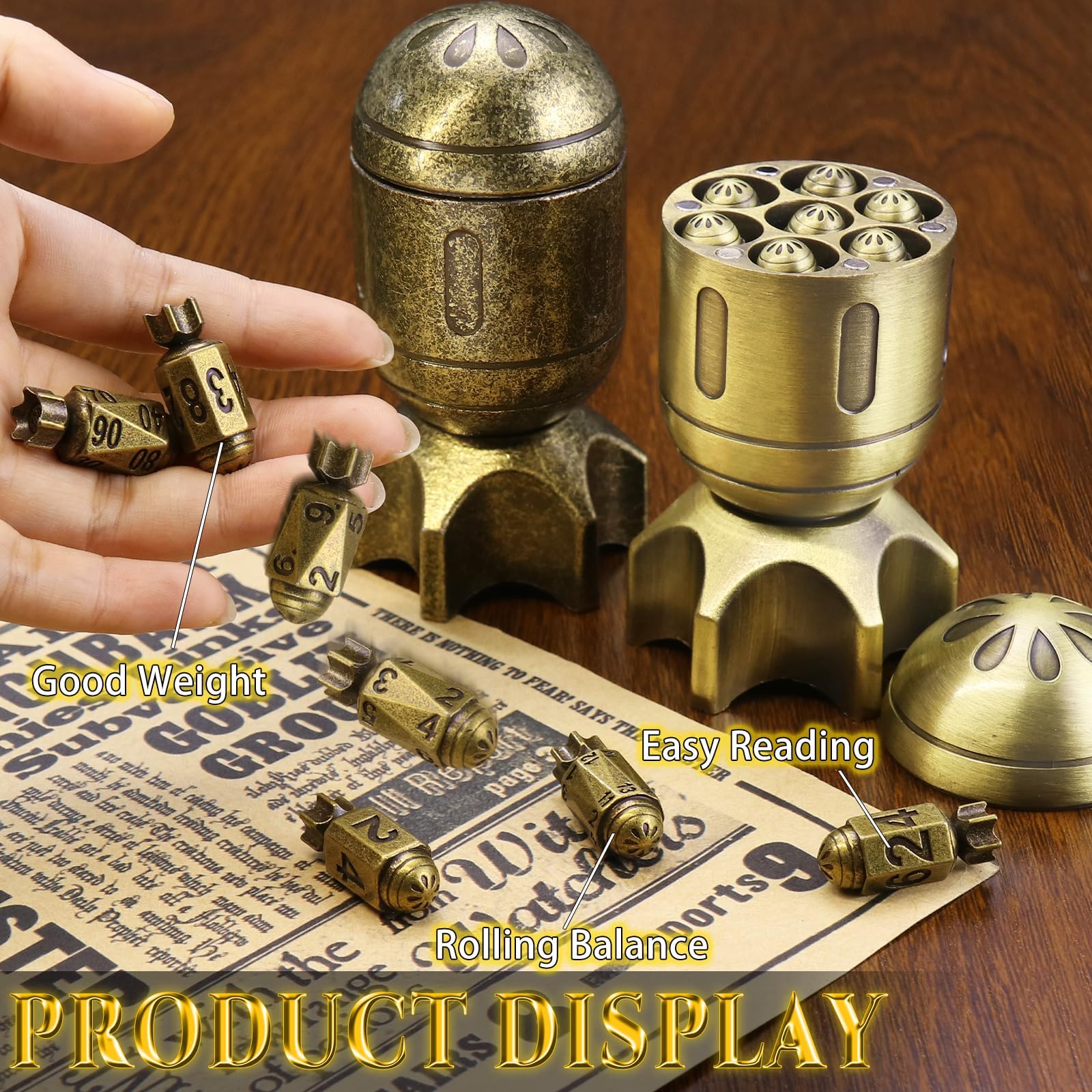 Set di dadi DND per Dungeons and Dragon, con missile rotante (bronzo brillante | ZHOORQI Set di dadi poliedrici, cool set di dadi per giochi di ruolo a tema guerra o crimini