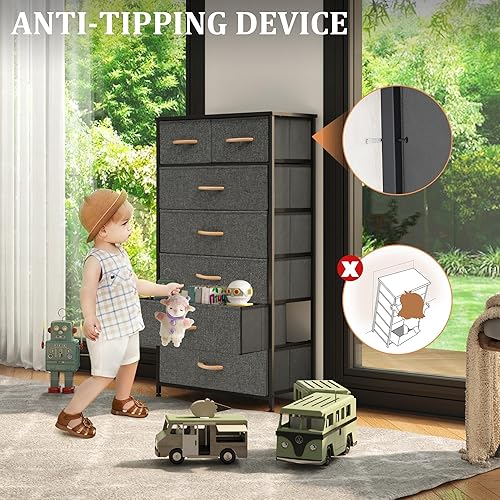 Miniatura 5 de Cómodas altas para dormitorio, 7 cajones, armarios de almacenamiento de tela, unidades de almacenamiento, organizador de torre con marco de acero,