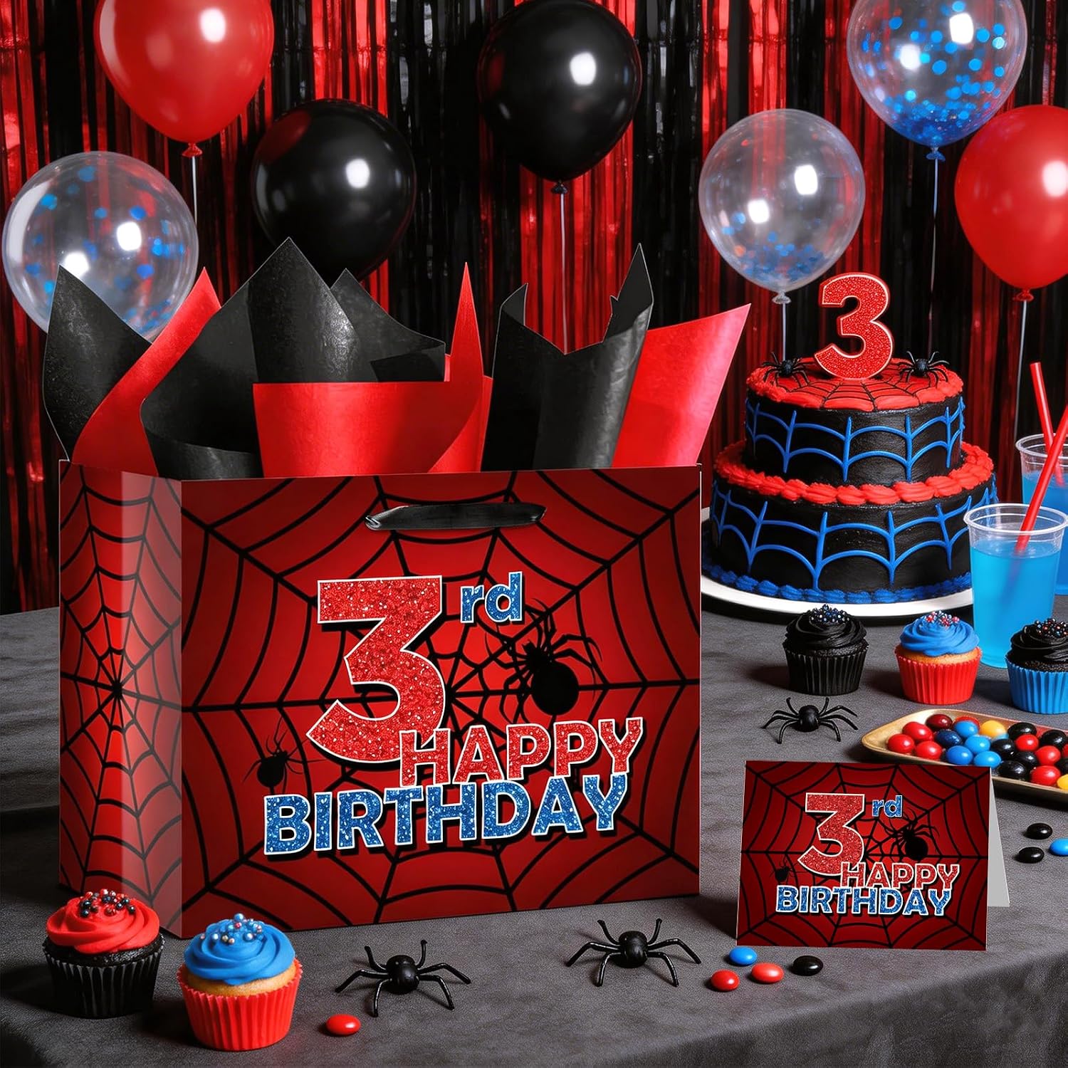Large Spider 3rd Birthday Gift Bag With Tissue Wrapping Paper Greeting Card Red Spider Web Cartoon Set for Boys 3 Years Old Kids Child Son Third Happy Birthday Party Supplies Decor Favors Present image 3