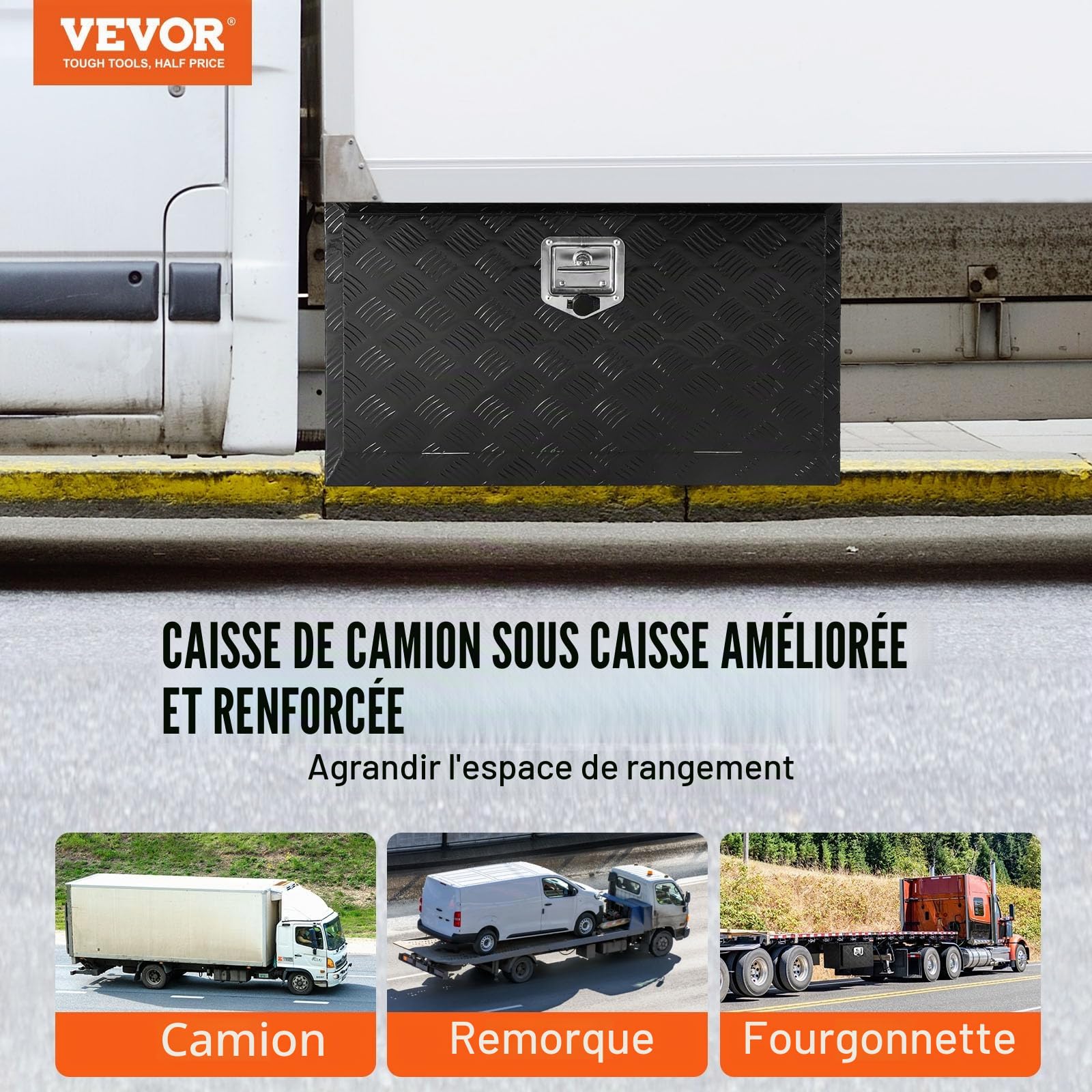 VEVOR Boîte à Outils pour Camion 91,4x43,2x45,7 cm, Coffre Sous-Châssis Fixation Inférieure, Caisse de Stockage en Aluminium avec Serrure et Clés, Étanche, pour Remorques Pick-up Fourgonnettes