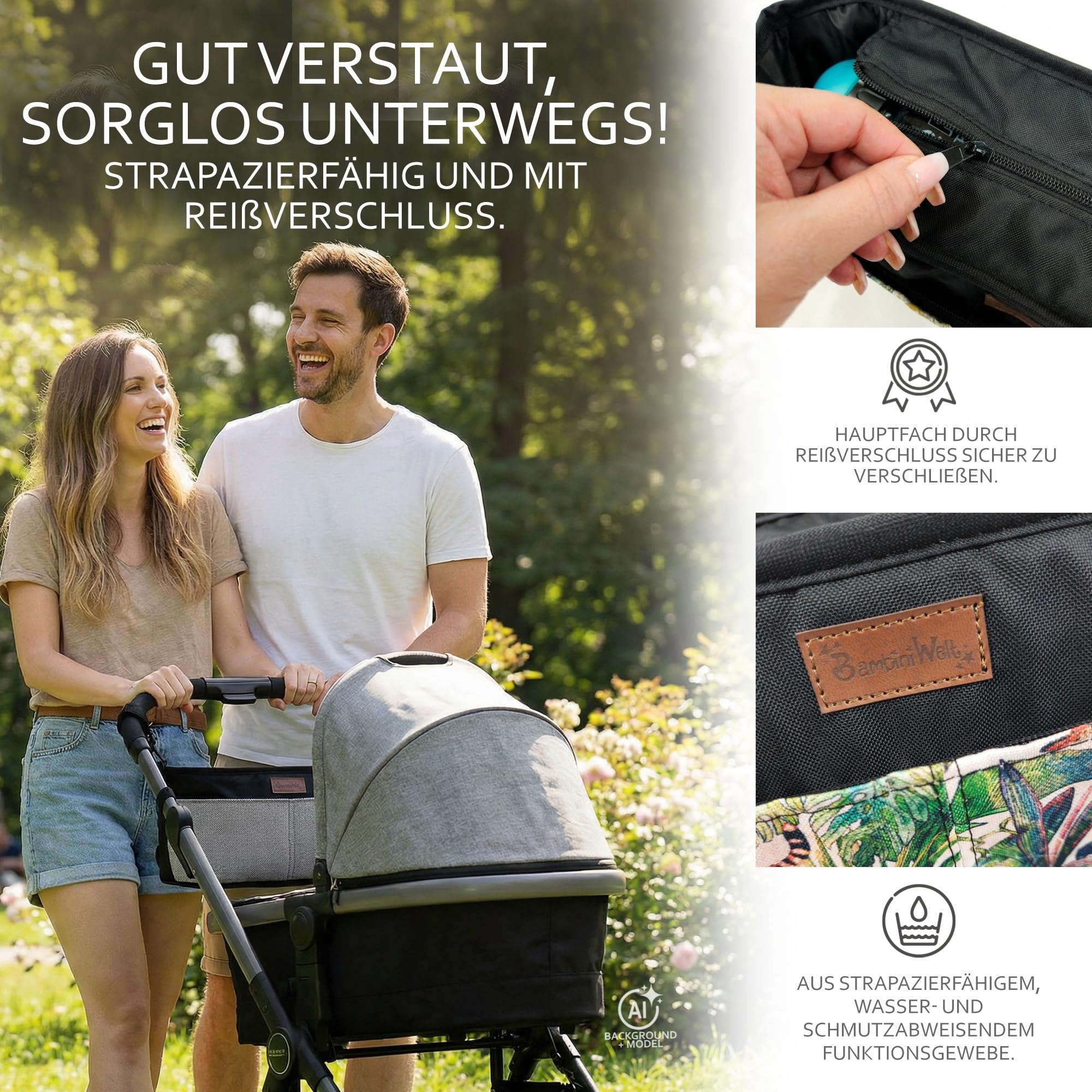 BambiniWelt organizer do wózka dziecięcego – torba do przewijania z uchwytem na napoje i zamkiem błyskawicznym, kompaktowa torba Buggy z wodoodpornego materiału z mikrofibry, lekka, stylowa i