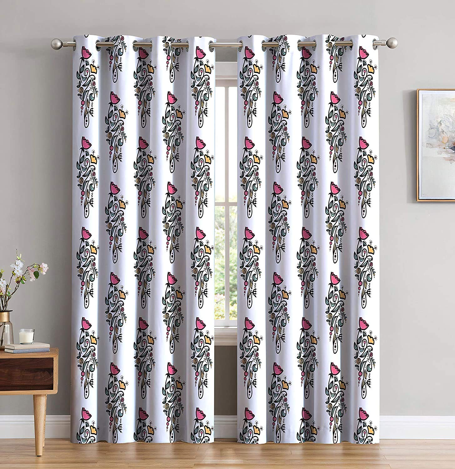 KHUSHI CREATION 3D Pink Rose Digital Printed Polyester Fabric Curtains for Bed Room, Kids Room, Color WhiteWindow/Door/Long Door (D.N.913) (3, 4 x 9 Feet (Size : 48 x 108 Inch) Long Door)