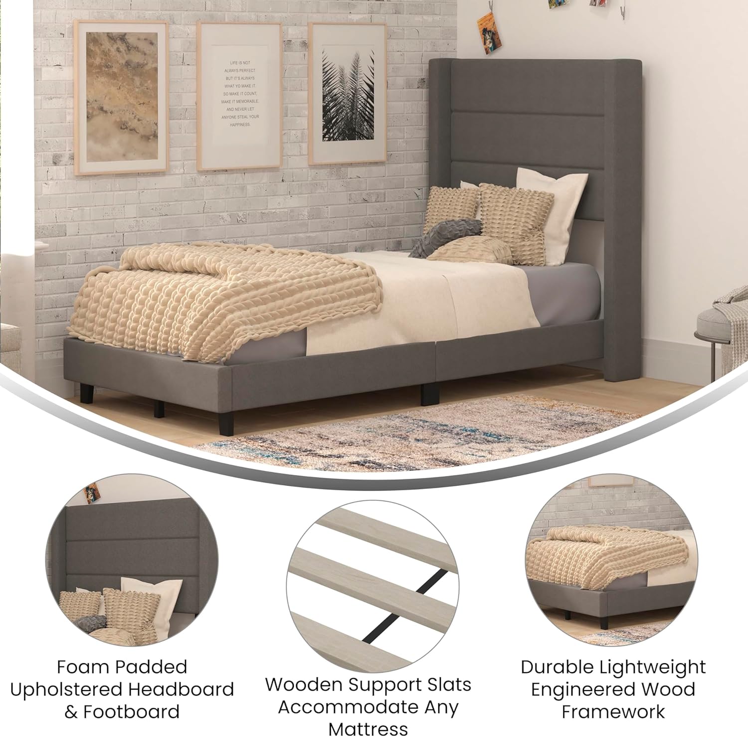 Taylor & Logan Hilton Charcoal Faux Linen Upholstered Platform Bed with Wingback Headboard, Slatted Support System - Twin