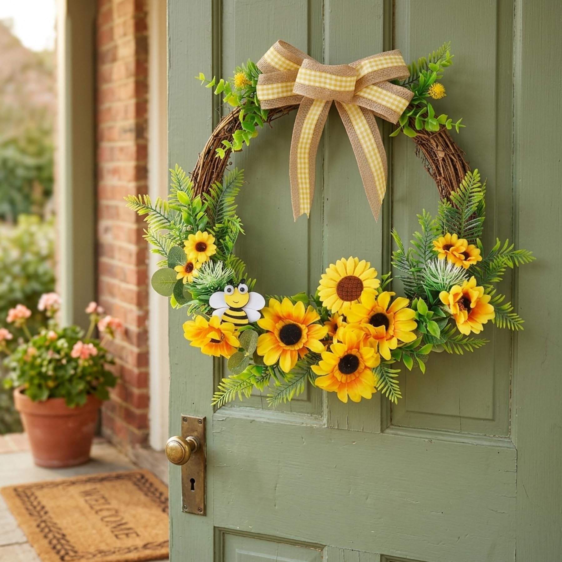 Latemeia Yellow Sunflower Wreath, Honey Bee Door Wreath With Vibrant Artificial Flowers For Front Door, Summer Welcome Decor For Home And Outdoor, Indoor Decorations
