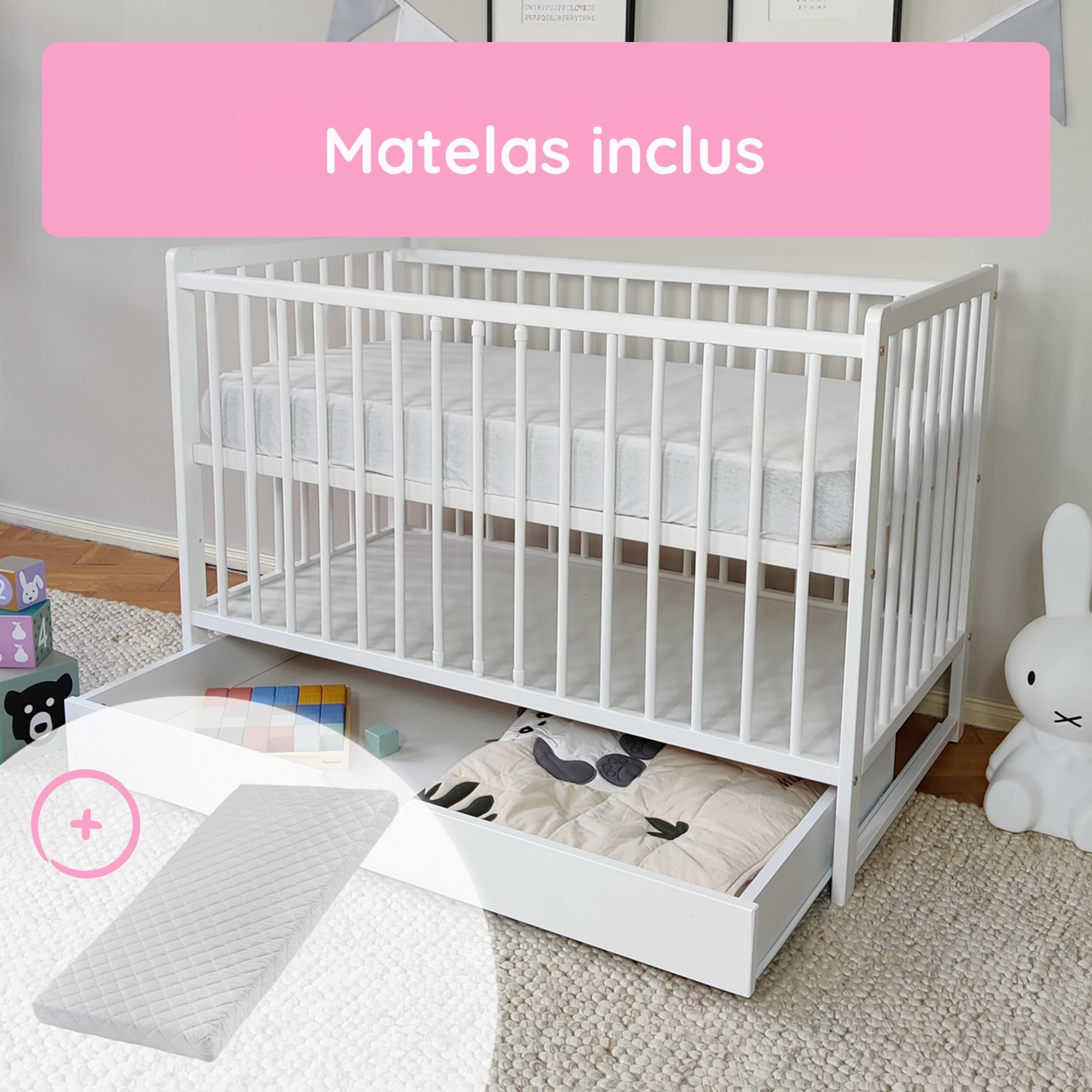 Lit Bébé 60x120 cm Lit à barreaux Évolutif Set Complet avec Matelas et Sommier 3 Hauteurs Tiroir, Barreaux Amovibles | Pin Massif Blanc